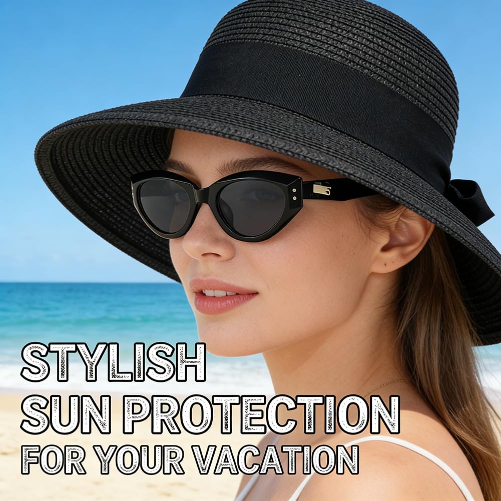 Sombreros de Sol para Mujeres Gafas de Sol UV400 para Viaje Verano Sombrero de Sol de Playa Plegable Sombrero de Paja de ala Ancha con Nudo, Negro
