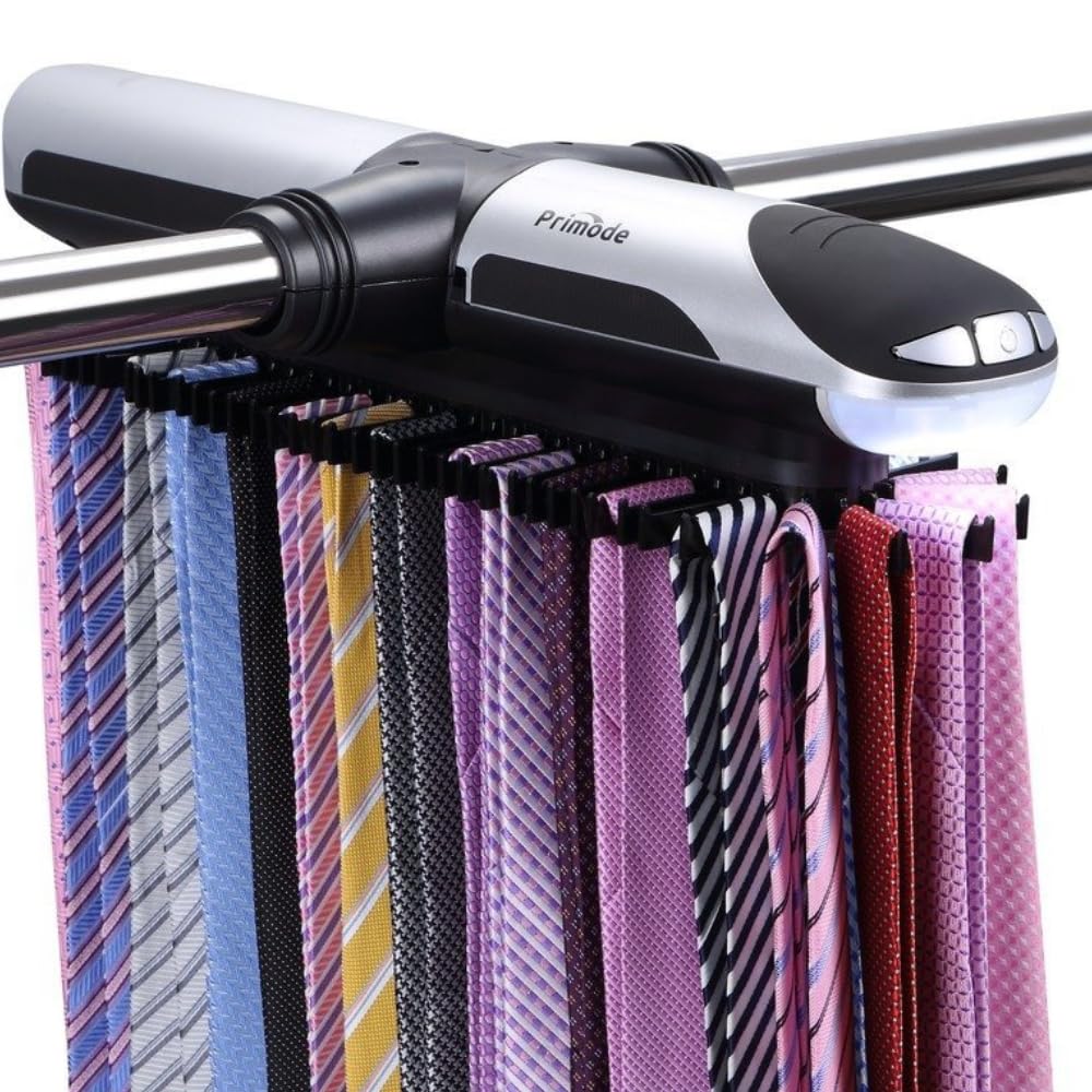 Primode Motorized Tie Rack Closet Organizer with LED Lights Includes J Hooks for Wired Shelving Stores Up to 72 Ties & 8 Belts Operates with Batteries