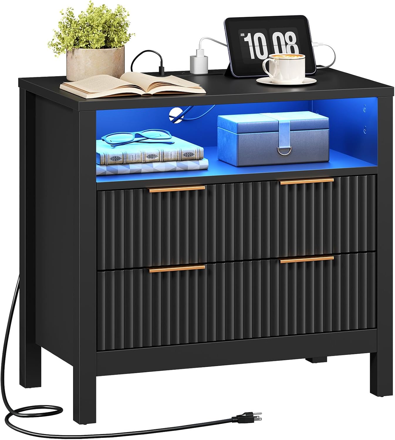 HOOBRO 27.6 Inch Wide Nightstand with Charging Station, LED Light Strip End Table with 2 Drawers, Wooden Bedside Table, Fluted Night Stand for Bedroom, Black BK197UDBZ01