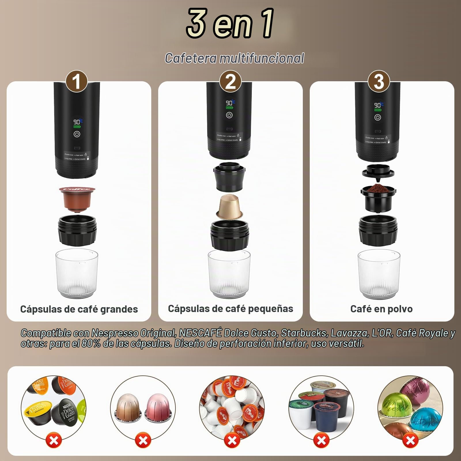3 en 1 Cafetera Portátil, 12V Cafetera Espresso Portátil, Cafetera Espresso Eléctrica Portátil con USB-C con Cápsula y café molido para RV, Acampada, Senderismo, Oficina y Hogar(Negro)