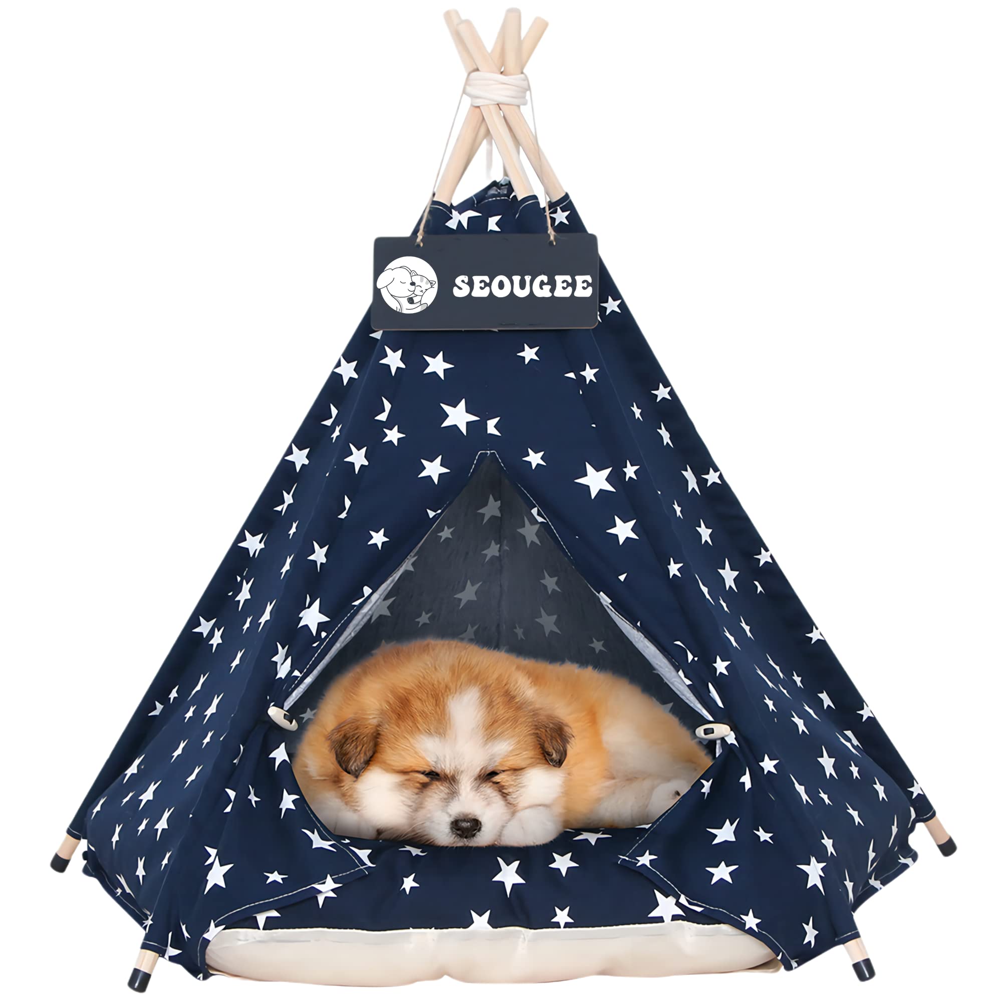 SEOUGEE Pets Teepee Tent for Dogs and Cats Washable and Removable Cotton Canvas Dog Bed and Cat House with Cushion Indoor and Outdoor Pet Kennel and Play House Portable and Stylish Tipi Design