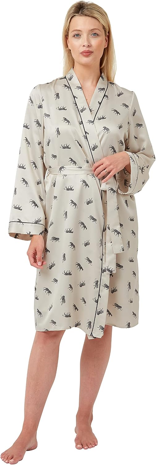 WOMENS SATIN ROBE TIGER ANIMAL PRINT DRESSING GOWN ON CREAM, Oatmeal ...