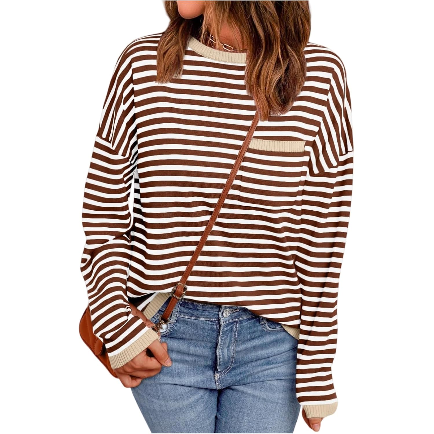 Sweaters for Women Crew Neck Lightweight Pullover Striped Sweater Knit Long Sleeve Tops with Chest Pocket