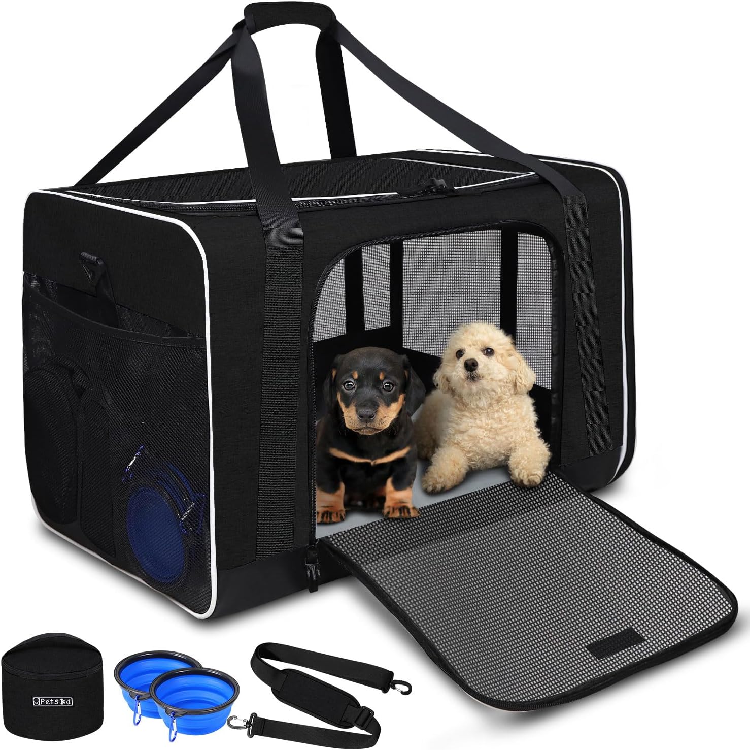 Pet Carrier 24"x17"x17" for Large Cats Dogs, Pet Carrier for 2 Cats or Medium Dog, Cat Soft Carrier for Car Travel and Hospital with 1 Box, 2 Bowls and Locking Safety Zipper(Black) Black( A carrier no litter box)