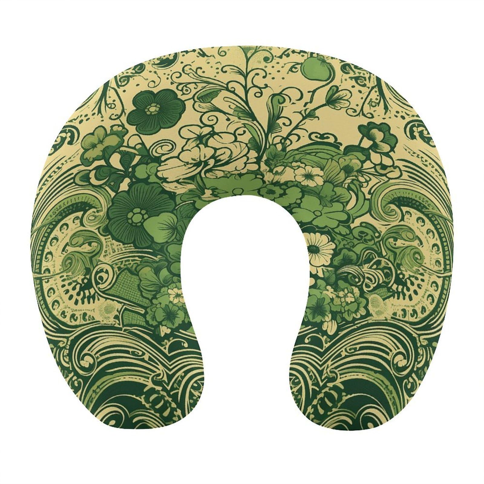 Btcowzrv Style Green Pattern U Shaped Neck Pillow Travel Pillows