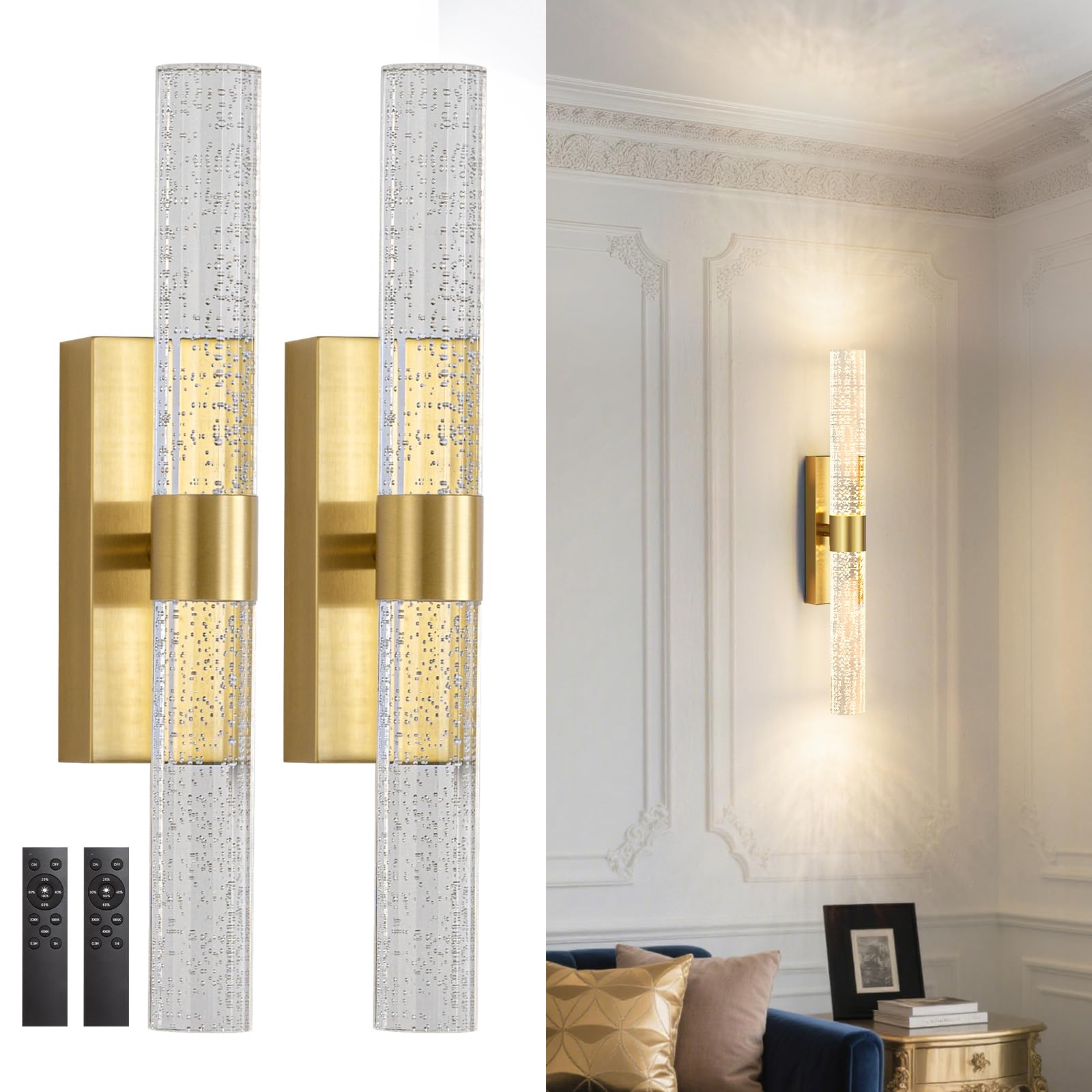 Set di 2 applique da parete a batteria, 10000 mAh, luci da parete ricaricabili oro con telecomando, lampada da parete wireless dimmerabile per camera da letto, soggiorno, corridoio, 40 cm