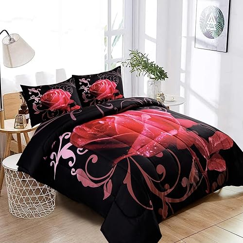 Miniatura 3 de Juego de edredón rosa tamaño Queen reversible con patrón de rosas rosas rosas con 2 fundas de almohada para todas las estaciones, juego de ropa de