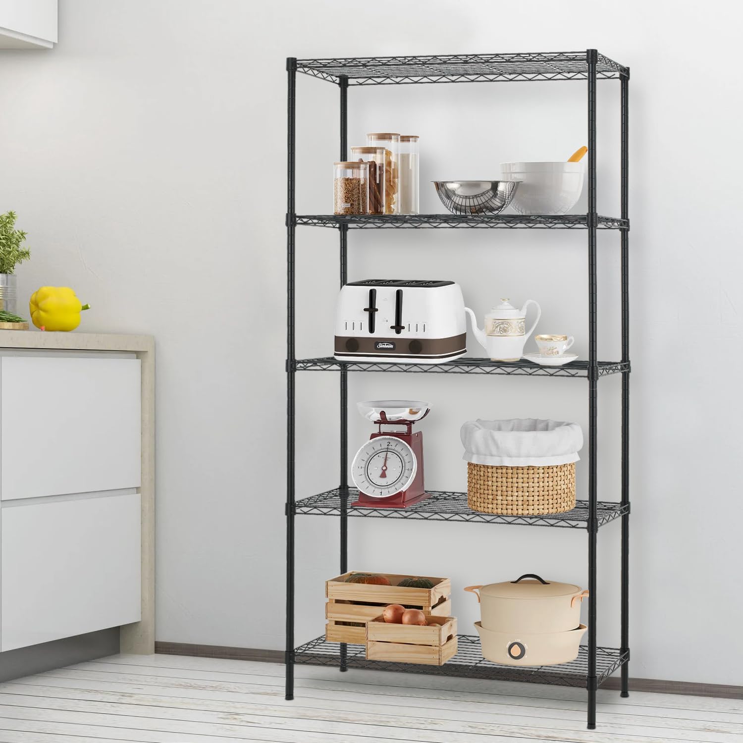 Furniture of America Upland Metallregal mit 5 Etagen, NSF-Zertifiziert, strapazierfähig, höhenverstellbar, Drahtregal für Küche, Büro, Garage, Keller, Waschküche, Schwarz