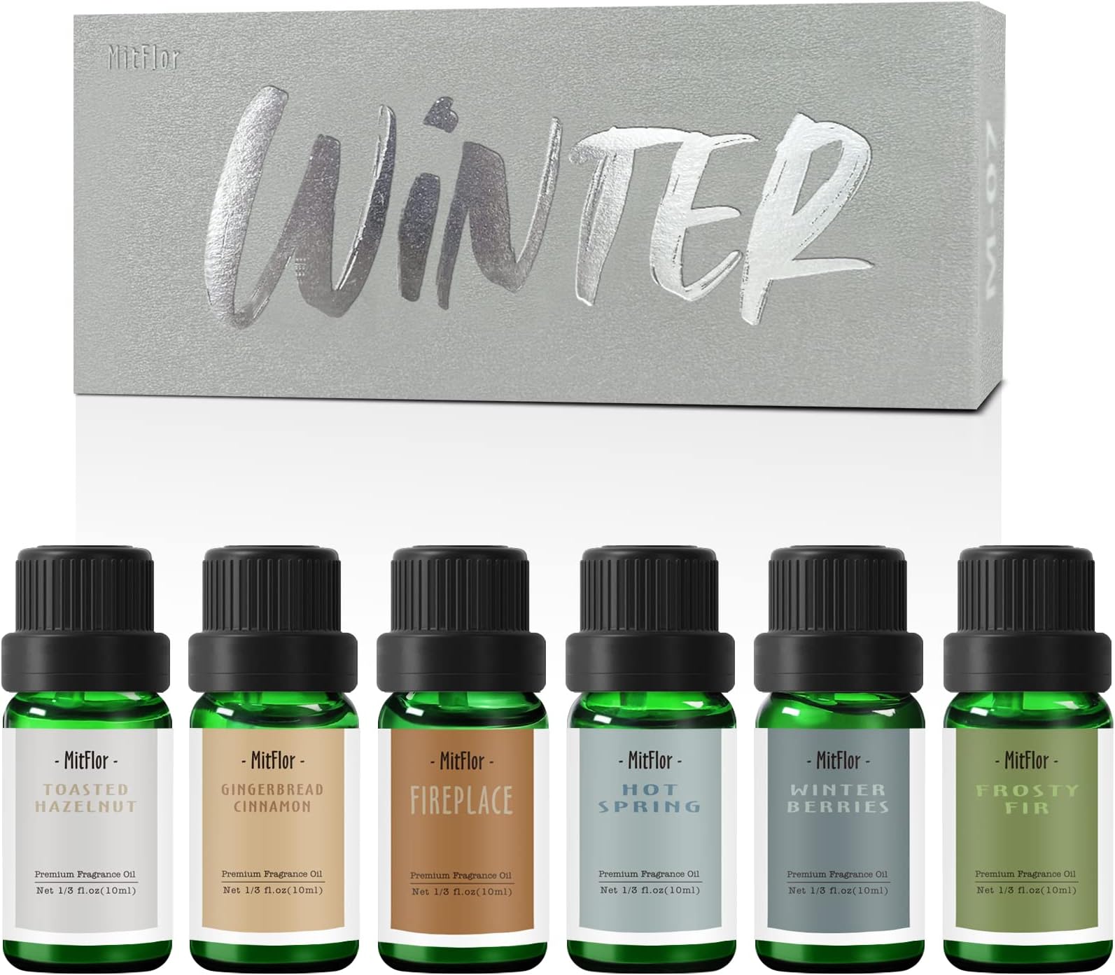 Fragrance Oils, MitFlor Winter Essential Oils for Diffusers for Home, 6 x10ml, Soap & Candle Making Scents, Premium Holiday Aromatherapy Gift Set -Frosty Fir, Hot Spring, Fireplace & More