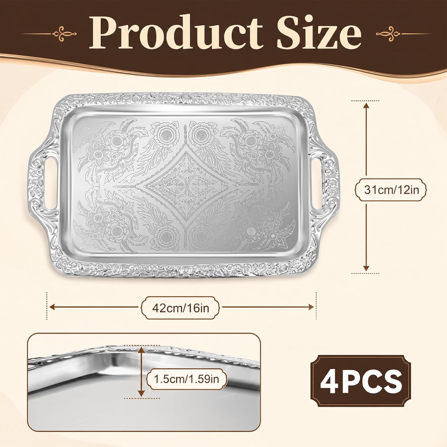 4 Pcs Silver Serving Tray with Handles Elegant Floral Metal Plate