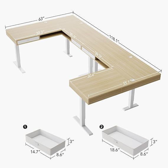 HUANUO U-Shaped Electric Standing Desk with Storage Drawers, Adjustable Height Ergonomic Gaming Desk, Large Sit Stand Up Desk with Power Strip Tray & Cable Grommets for Home Office, Light Walnut