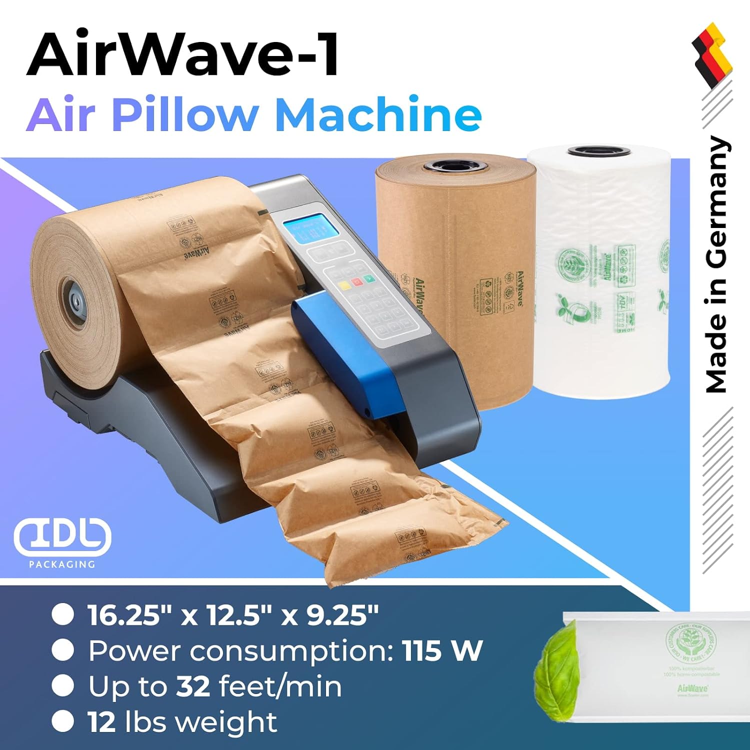 IDL Packaging AirWave-1 Air Cushion Machine with Non-Plastic Air Pillows - Use with Carbon Neutral, Paper Based, or Potato Starch Inflatable Air Pillows - Up to 32 feet/min Operating Speed image 2