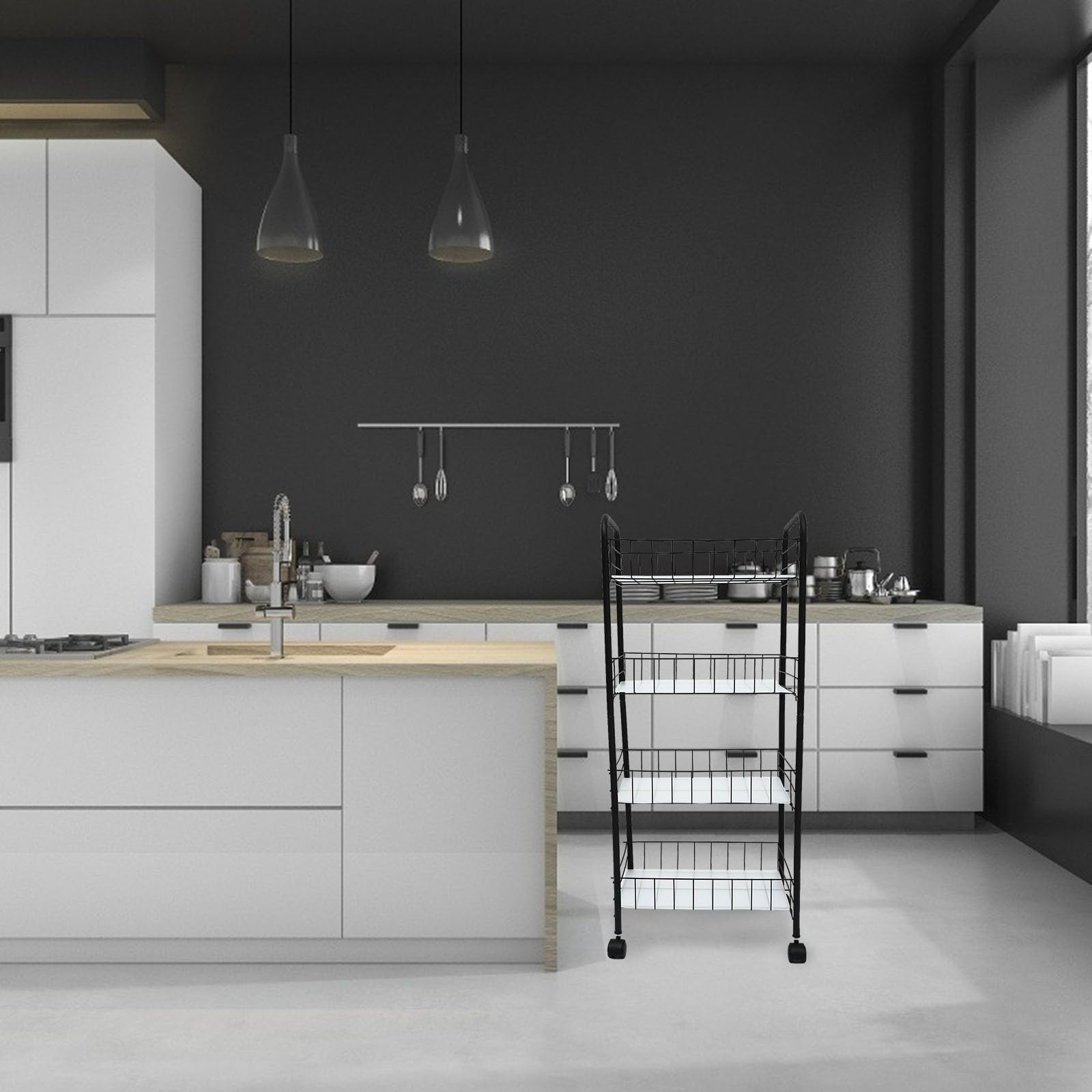 Carrito de Almacenamiento Negro Diseño Multicapa, Ruedas Freno, Gran Capacidad para Cocina y Baño, Estante Móvil Práctico de Abs