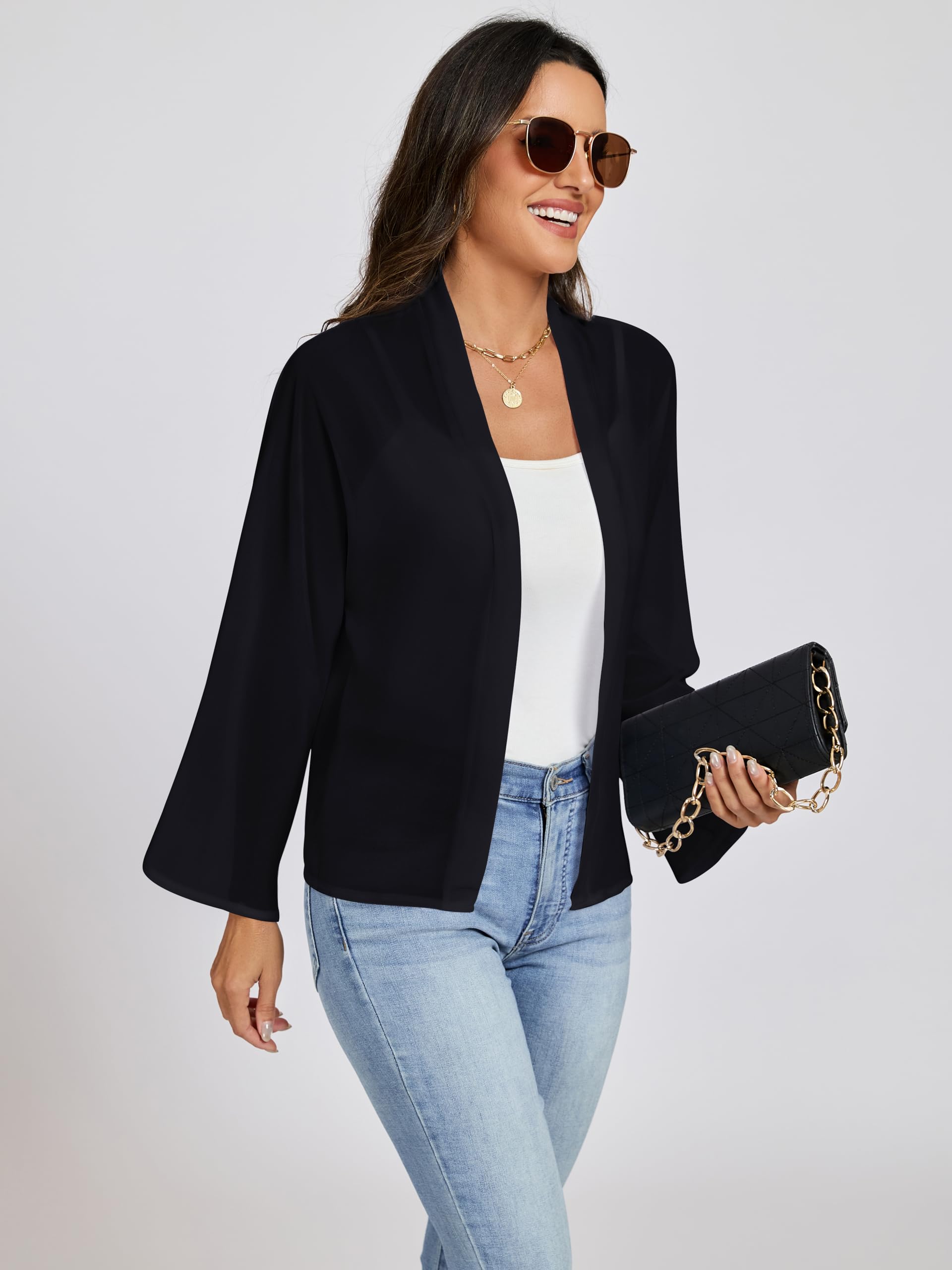 Coprispalle Donna Elegante Cerimonia Cardigan Bolero Top Chiffon Manica Lunga Shrug Aperto sul Davanti Giacca Corta