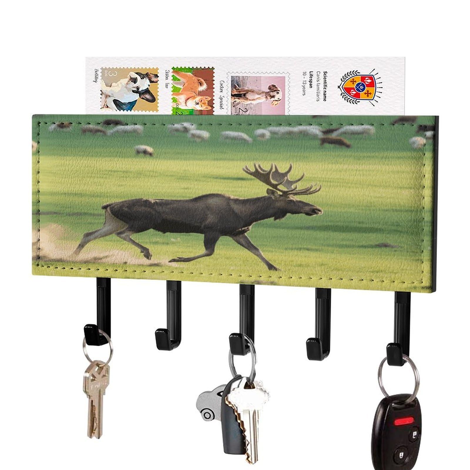 Vstadank Black-Style Moose Key Holder Wall Mount With 5 Key Hooks Hangers For Wall Decorative Pu Mail Rack Organizer With Shelf Wall Mounted Key Rack With Hooks For Entryway