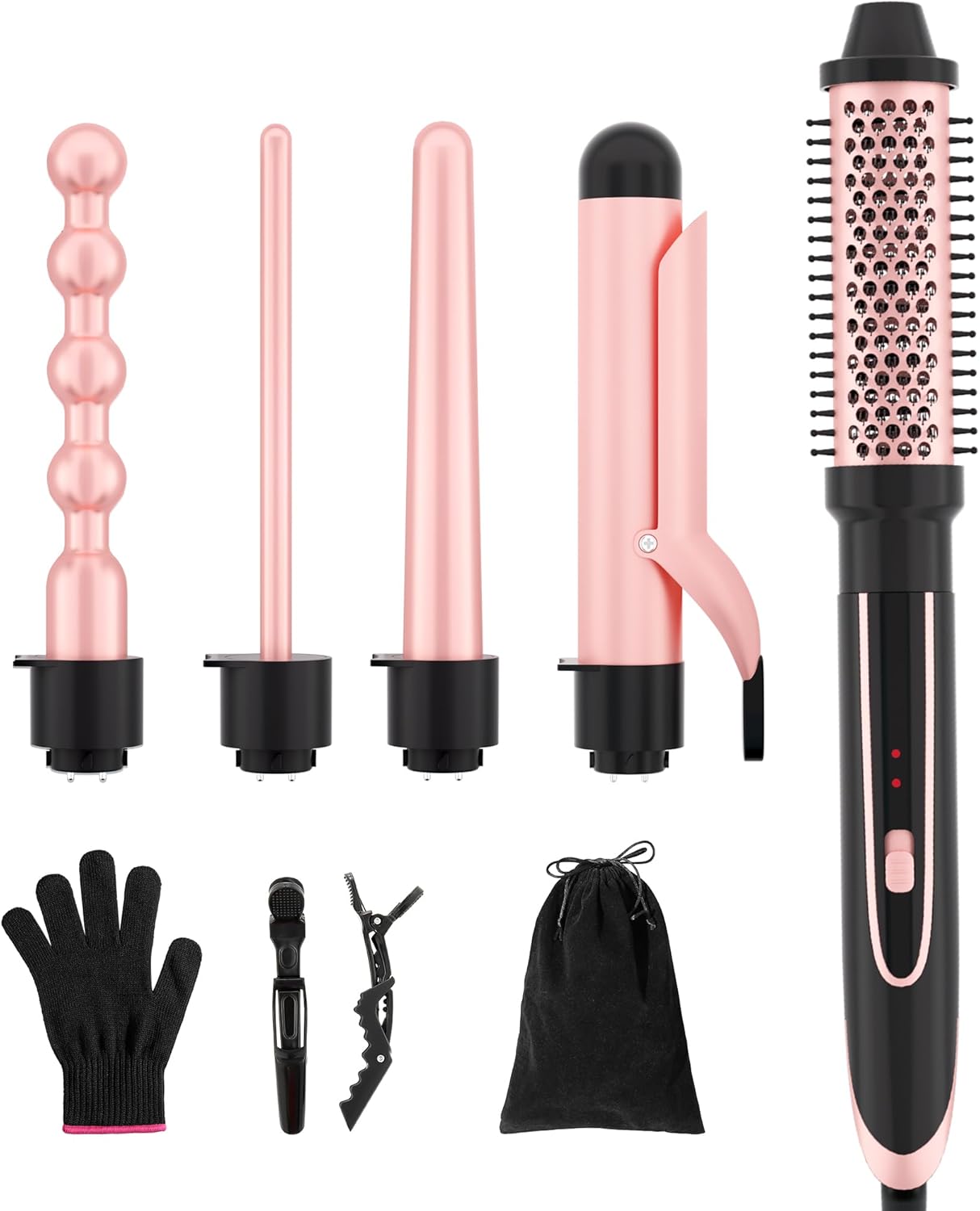 5 in 1 Curling Iron Set with Instant Heat Up, Dual Voltage, 4 Interchangeable Ceramic Curling Wands, Curling Brush, Heat Protective Glove & 2 Clips (Curling Iron 0.3-1.5")