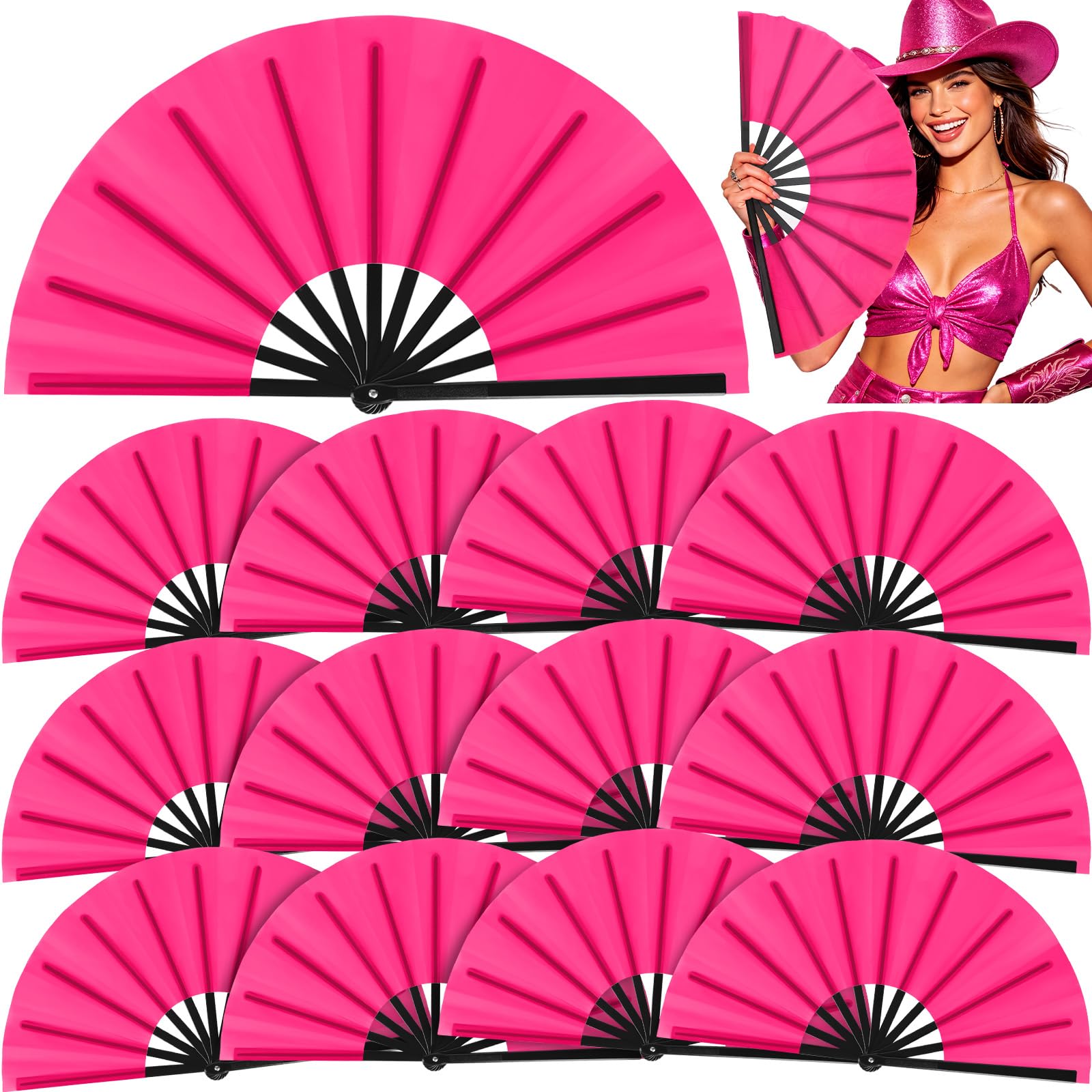 Blulu13 Inch Large Folding Fans for Line Dancing, Rose Red, 12 Pcs