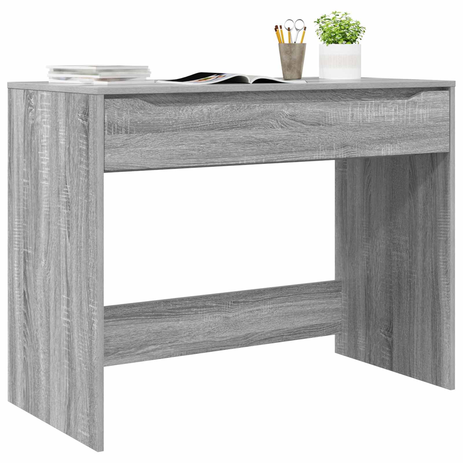 Scrivania grigio Sonoma, 100 x 50 x 78 cm, in legno con cassetto, per casa, ufficio, postazione di lavoro, organizzata, piano di lavoro, tastiera, laptop, monitor