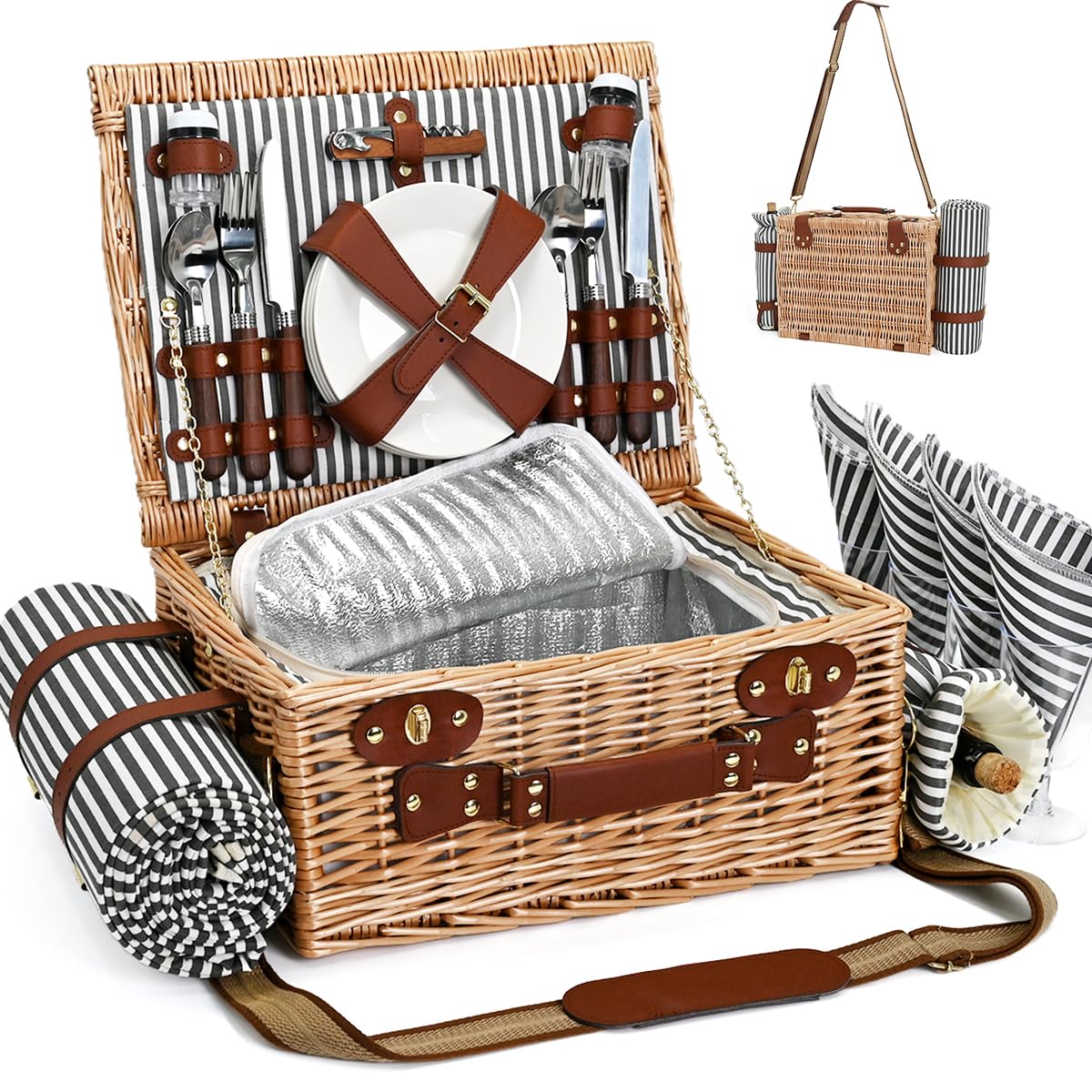 Picnic Basket with Blanket and Wine Pouch for 4, Wicker Picnic Set with Insulated Liner Cooler Bag Hamper for Camping,Wedding - Stripes