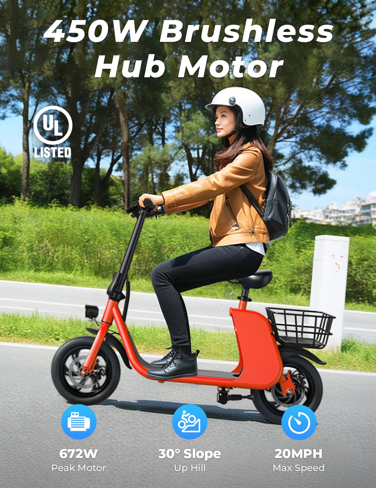 WINDHORSE Electric Scooter with Seat for Adults, 672W Peak Motor Up to 20 Miles Range, 20 MPH, 12.5 inch Tires Folding 2 Wheel E Scooter for Commuting with Basket - Red