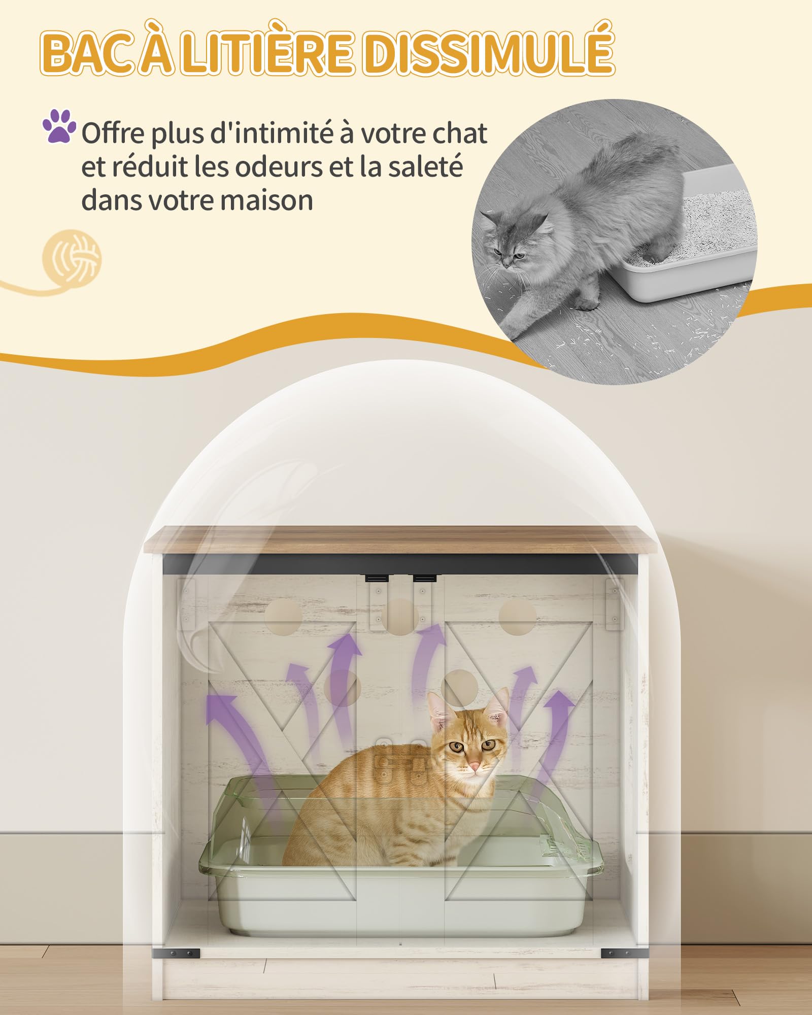 Hzuaneri Arbre à Chat avec Meuble Litiere Chat, Mangeoire, Hauteur 173 cm, avec Grande Plateforme, Corde en Sisal, Hamac, Coussin Lavable, Balles en Peluche, Blanc et Marron CB89014WT