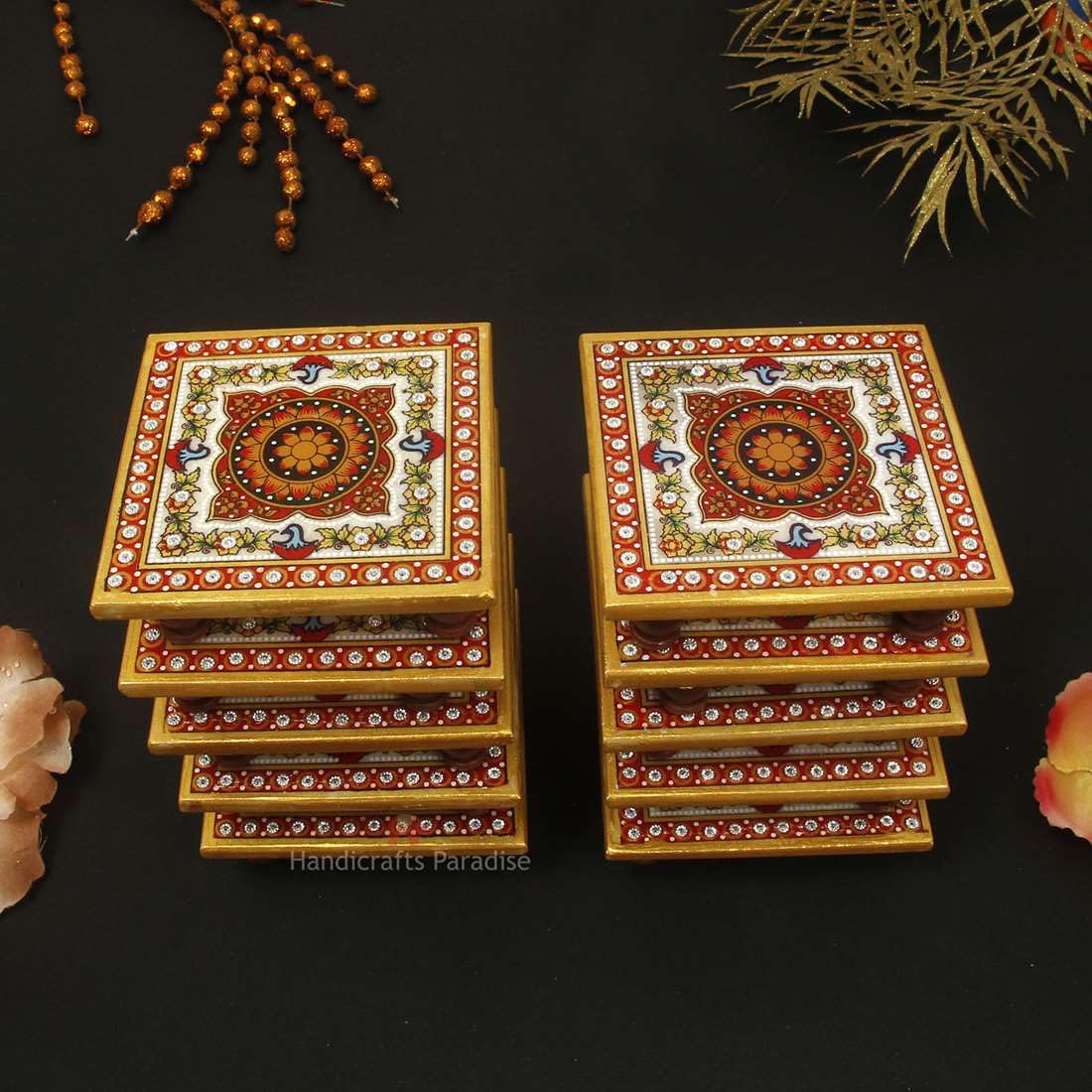 Marble Chowki Set of 10 pc with Intricate Floral Painting by Handicrafts Paradise
