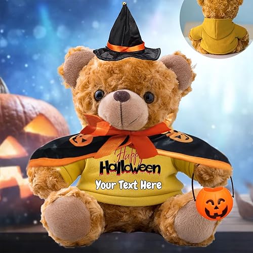 Oso de peluche de Halloween personalizado con texto personalizado, juguetes de Halloween con decoración de calabaza desmontable, sombrero y capa de