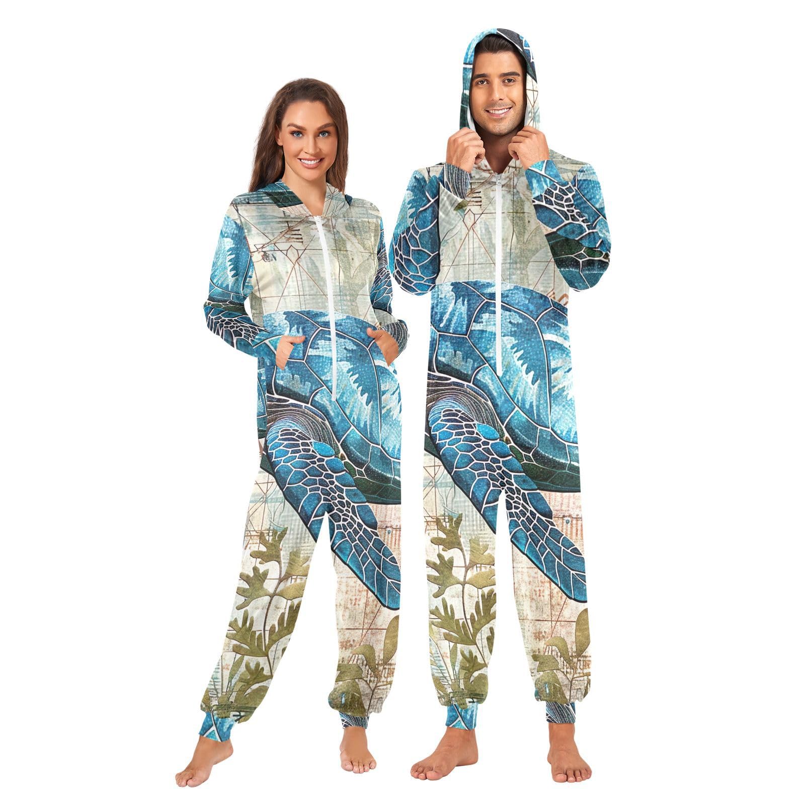 GAIREG Vintage niebieski żółw męski damski Onesie, pluszowa męska damska piżama bożonarodzeniowa