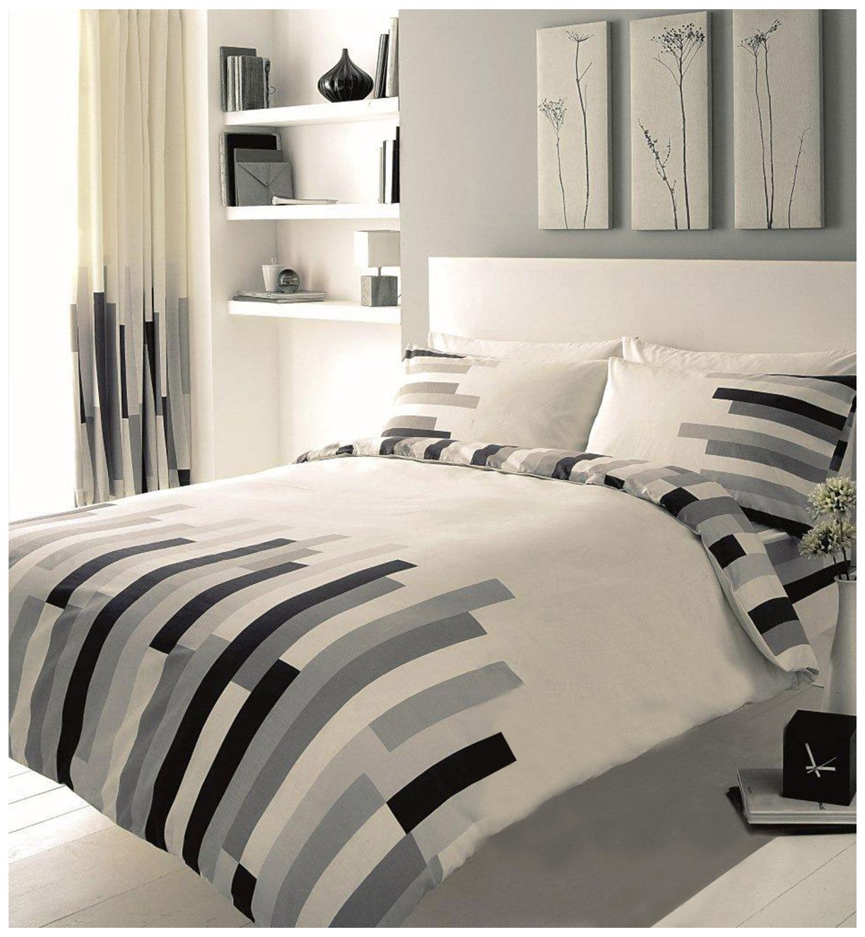 Gaveno Cavailia Geometric Vertical Rectangles Duvet Cover Quilt Set With Pillow Case, Reversible, Poly Cotton, Blocks Cream/Grey/Black, Double Size Bedding, Polycotton