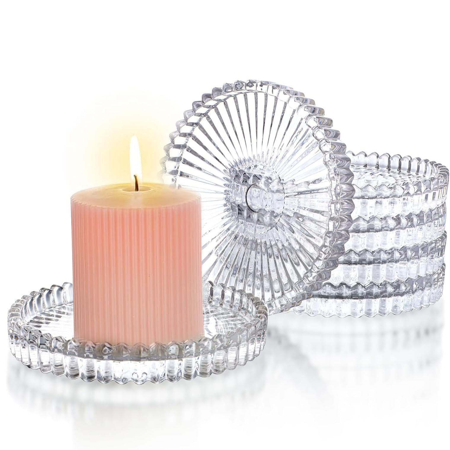 Angju Candle Holder, Glass Candlestick Holders Set of 6, Candle Stand, 10cm Round Glass Candle Pillar Plate, Gear Serrated Candle Tray Plates for Table Centerpieces, Party, Wedding & Home Decor