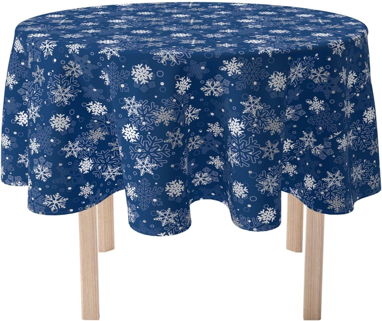 Fabric Textile Products Round Tablecloth, 100% Milliken Polyester, Machine Washable, 70" Round, Winter Blue Snowflakes