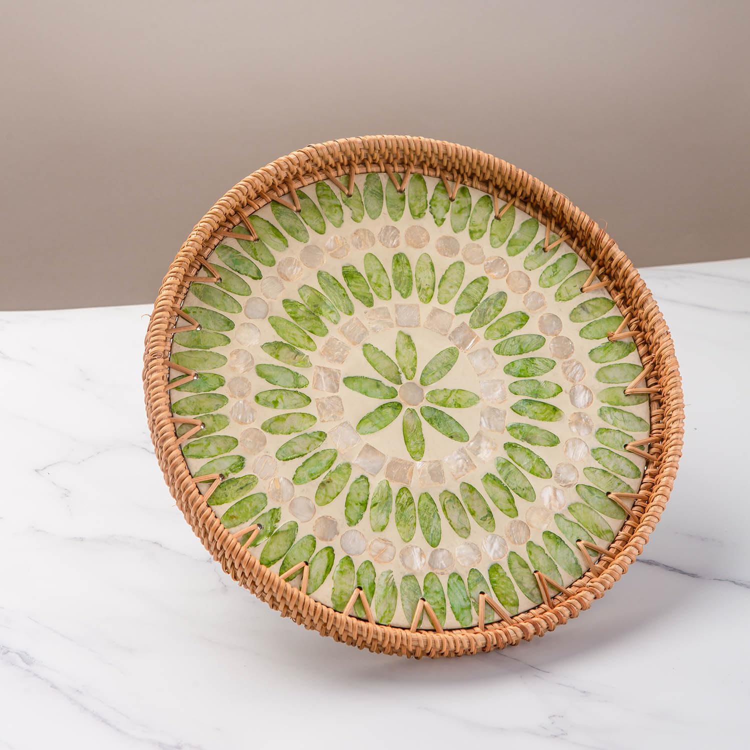 Laquedecraft 11.8" Green Forest Wicker Round Rattan Mother of Pearl Serving Basket Tray for Décor Coffee Table | Large Boho Circle Woven Decorative