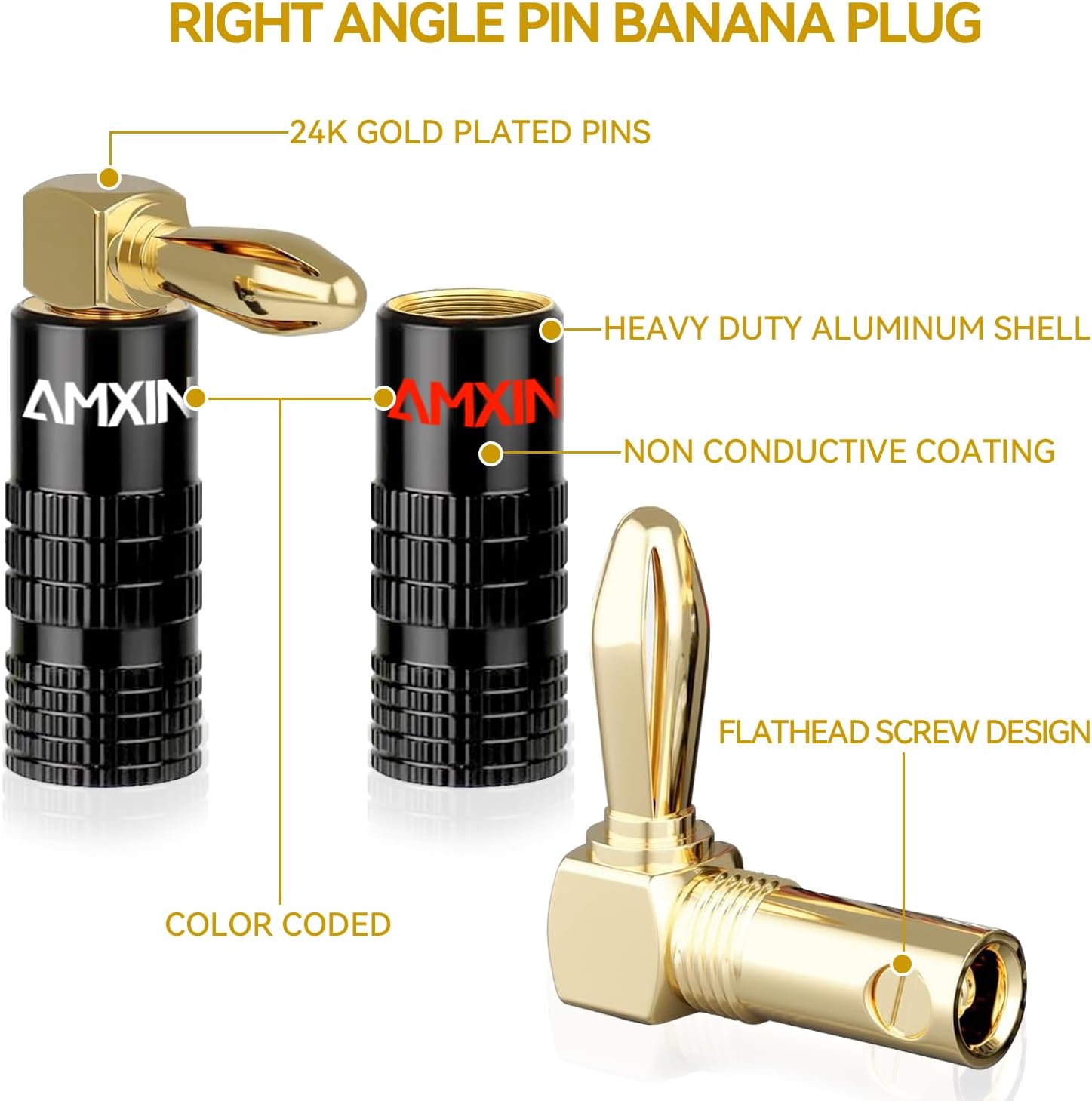 Right Angle Banana Plugs for Speaker Wire (12 Pairs, 24 Pieces), 90 Degree Pin Plug Type, Spring Clips Speaker Banana Jack Terminals, Non Conductive Coating Shell - Image 2