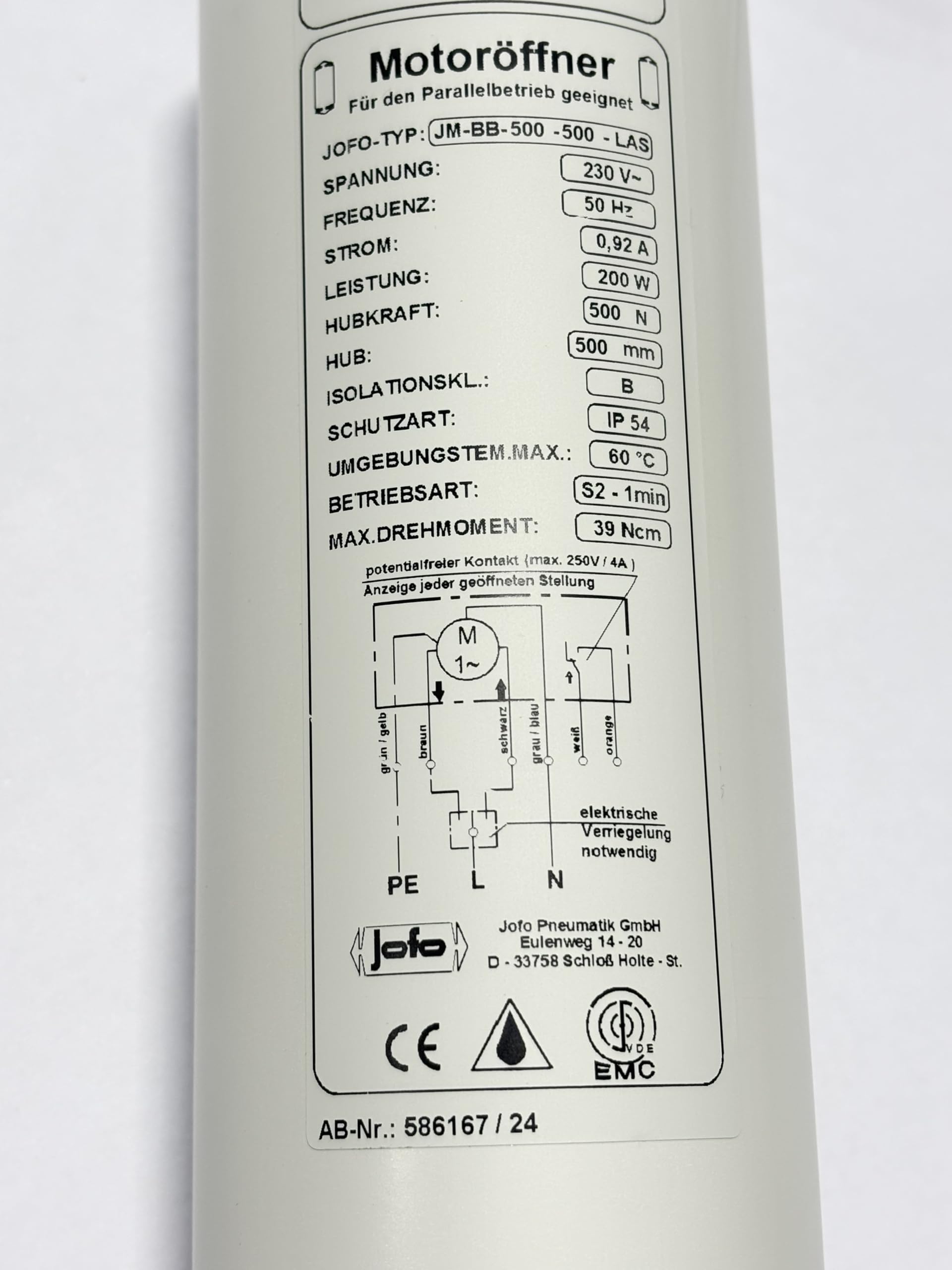 Motoröffner, Spindelantrieb Lichtkuppel 230V / 500mm HUB, JMBB 500-0500-LAS mit Halterungen, Wärmeschutz und Trennrelais für Lichtkuppeln und Lichtbänder