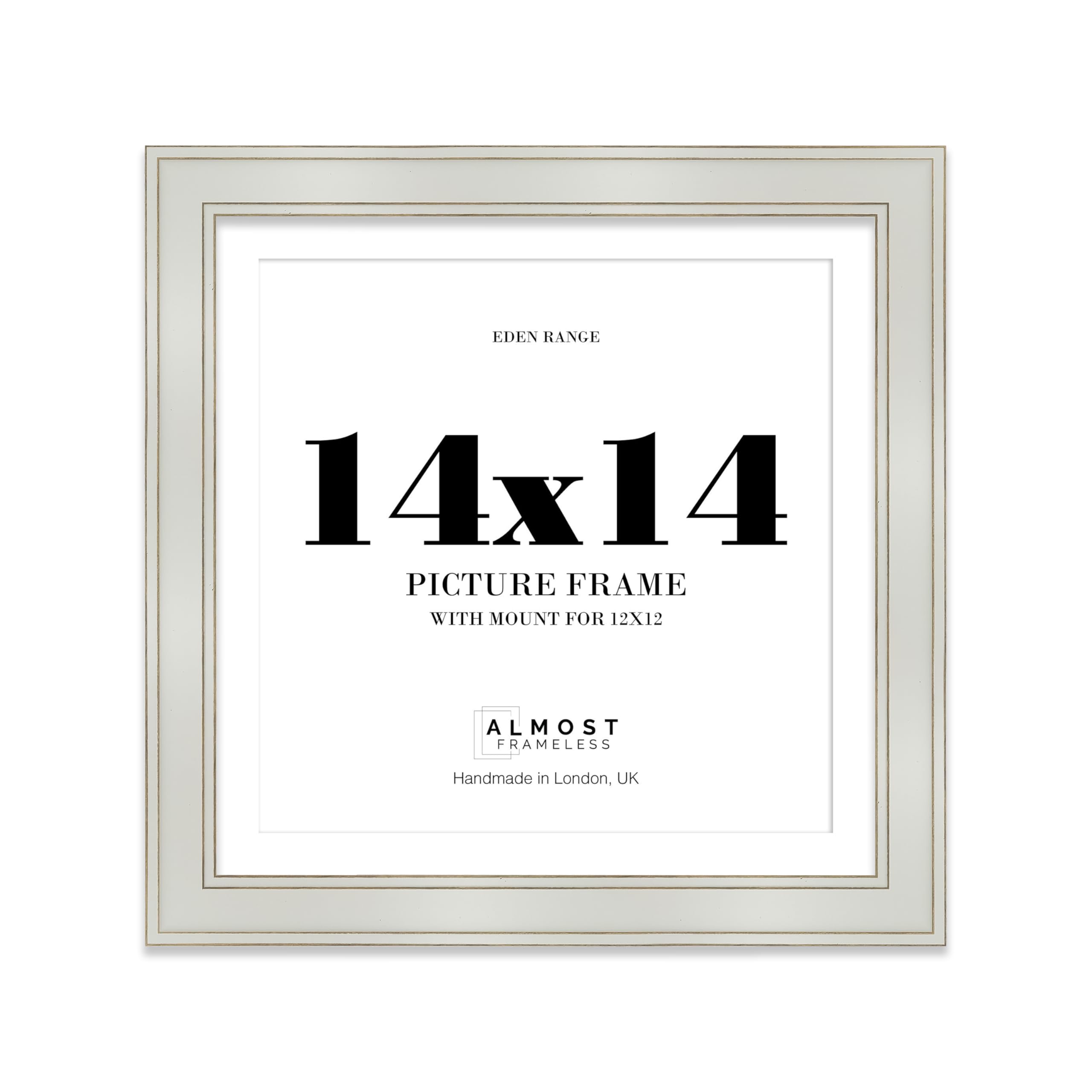 14x14" Light Grey Square Picture Frame with 12x12" Mount - Shabby Chic Photo Frame with Distressed Finish, Gold Trim, Wall Hooks, 37mm Edge - 1 Pack