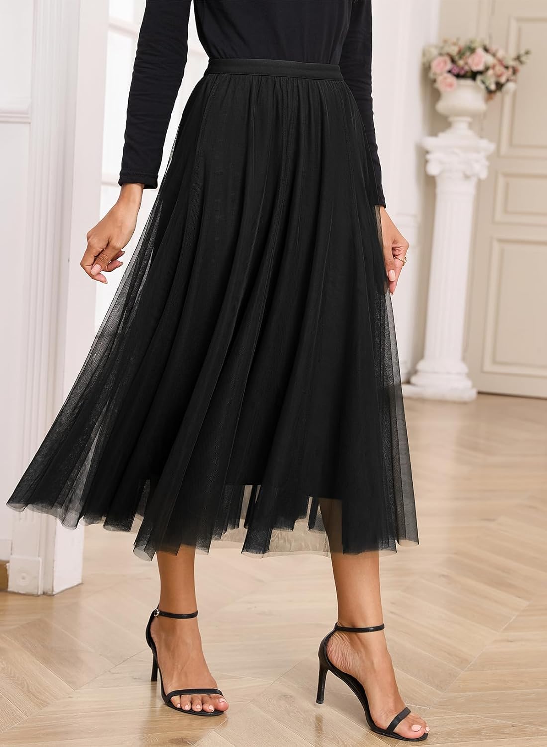 Happy Sailed Womens Tulle Skirt Elastic High Waisted A-Line Layered Flowy Long Skirts Date Night Outfit - Image 6