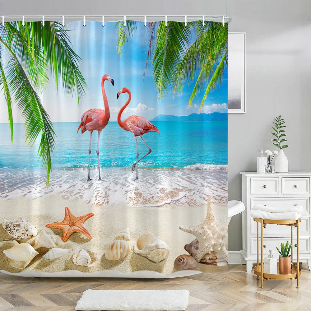GLWDMB 1 Piece 150x180CM Tropical Flamingo Beach Landscape Printed Shower Curtain With Hook, Polyester, for Windows And Walls, Bathtub, Bathroom, Machine Washable, All Season Universal