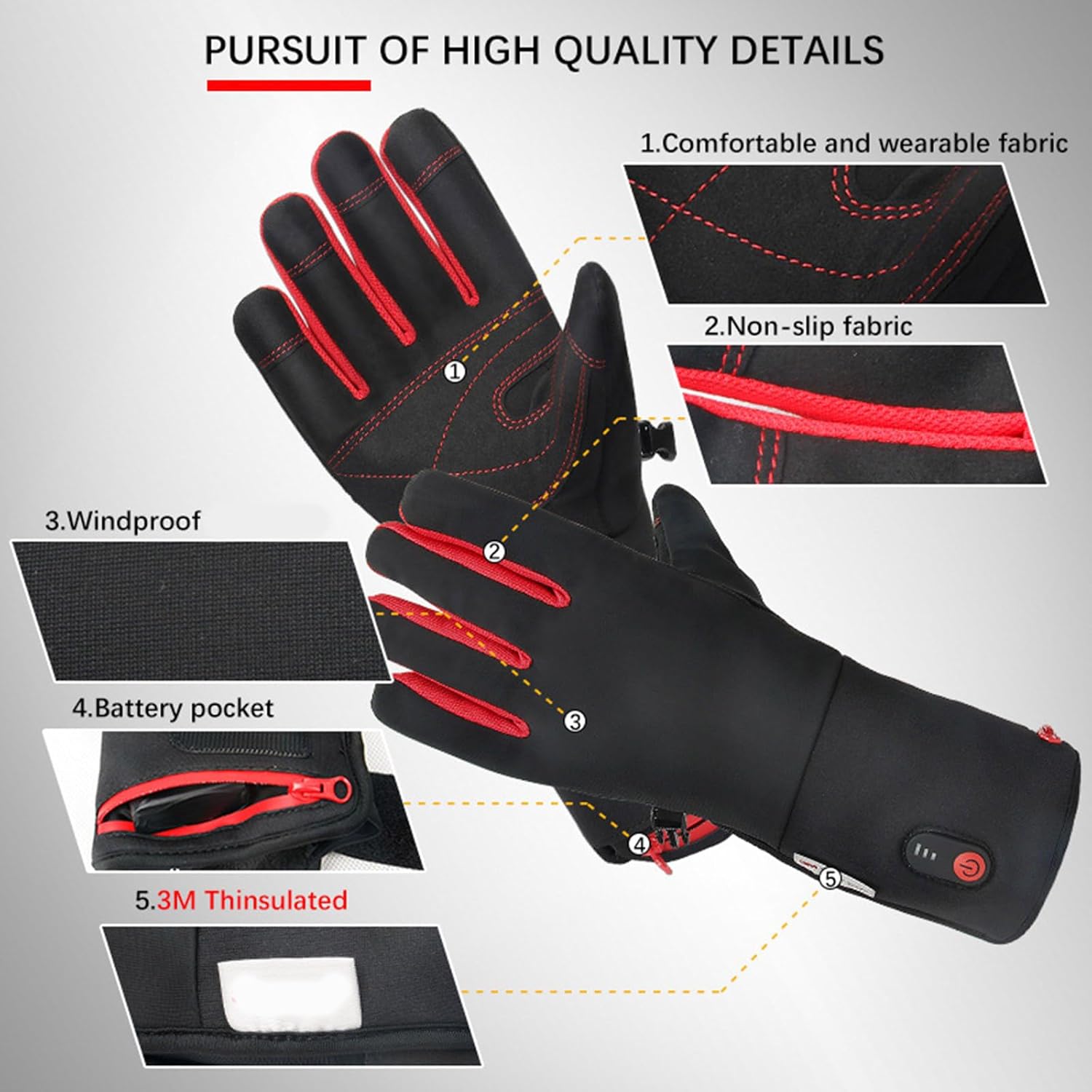 Rechargeable Heated Gloves with Auto Adjustable Warmth Comfort Practical Nylon Construction Outdoor Winter Use Wear Windproof Heated Gloves