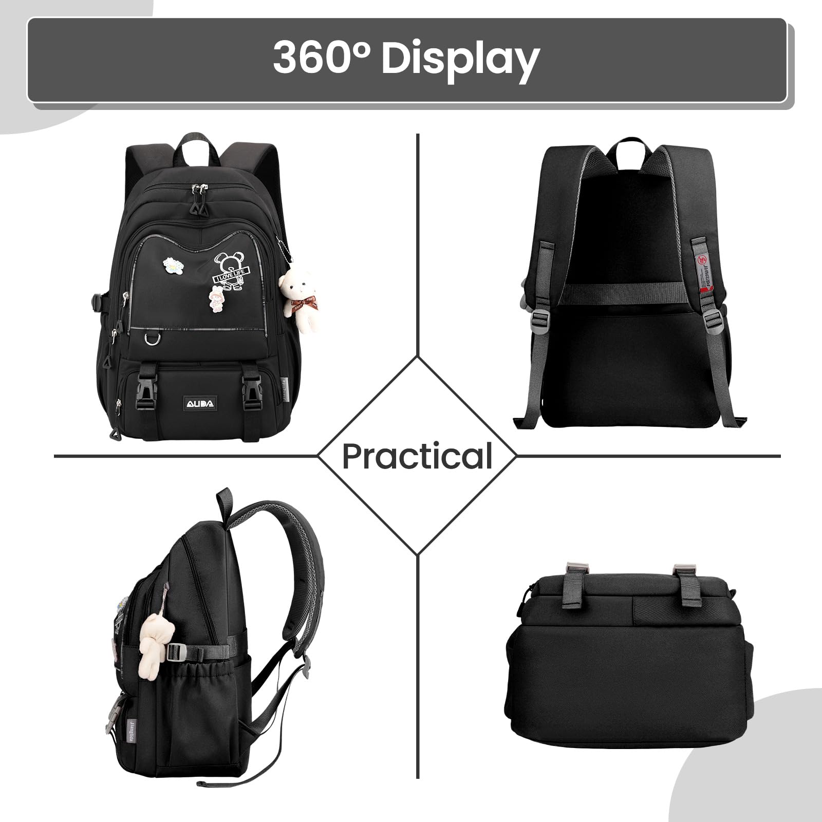 Amythe Zaino Ragazza Scuola Elementare Media Leggero Grande, Nero | Zaino Scuola Media Ragazza Idrorepellente, Zaini Porta pc Borsa Casual Adolescenti, Adatto al Trolley, Ritorno / Viaggio
