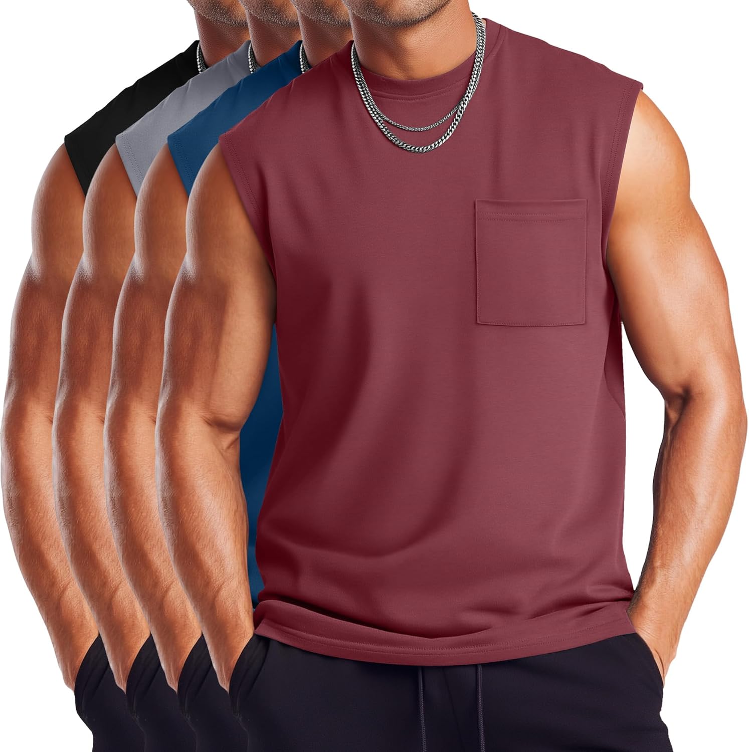 4 Pack Men's Big and Tall Tank Tops L-5XL Workout Sleeveless Gym Muscle Shirts Summer Crew Neck Tee with Pocket