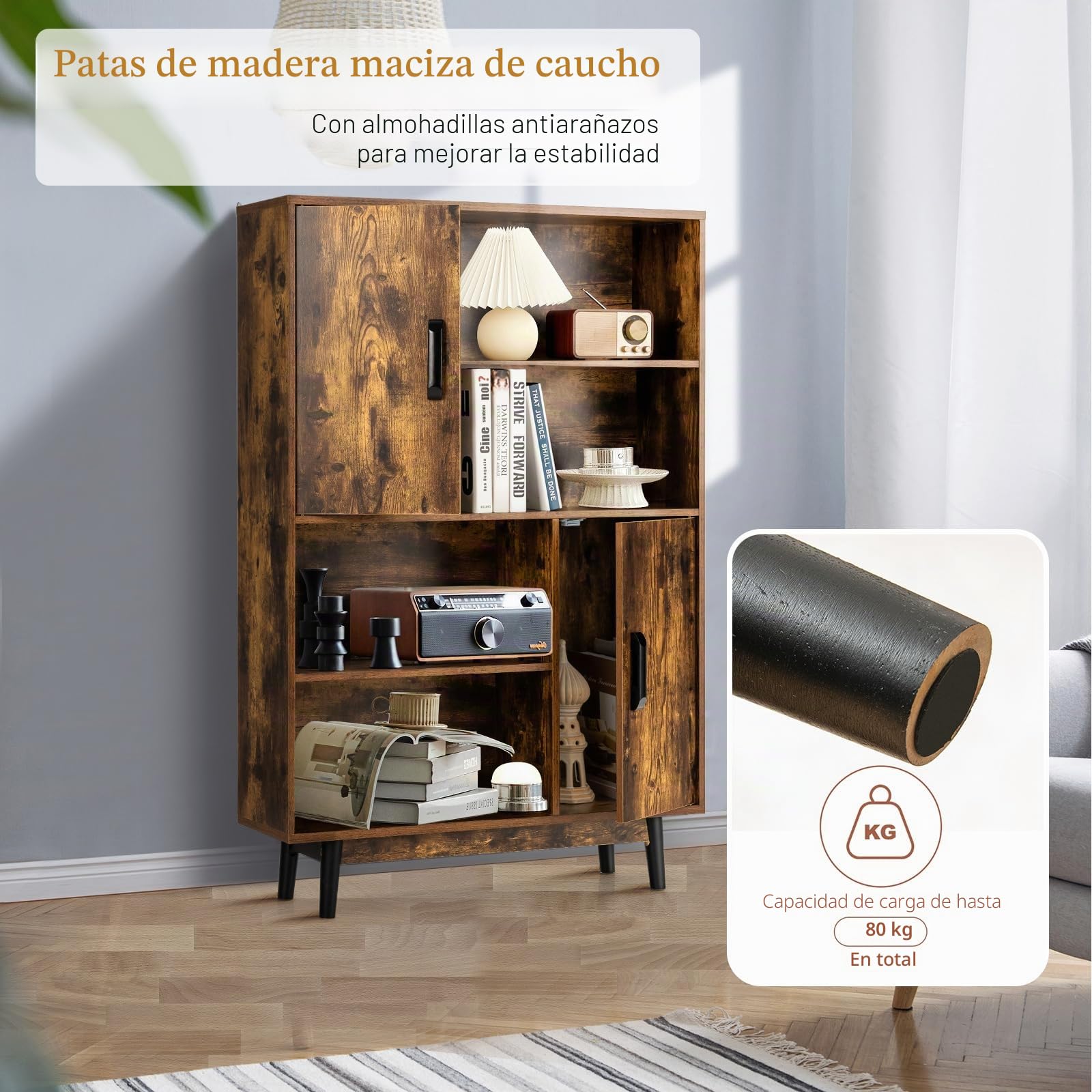 KOMFOTTEU Librería de Madera, Estantería de Libros con 2 Armarios con Puerta y 4 Estantes Abiertos, Mueble Almacenaje con Dispositivo Antivuelco para Salón, Estudio, 80 x 24 x 119,5 cm (Industrial)