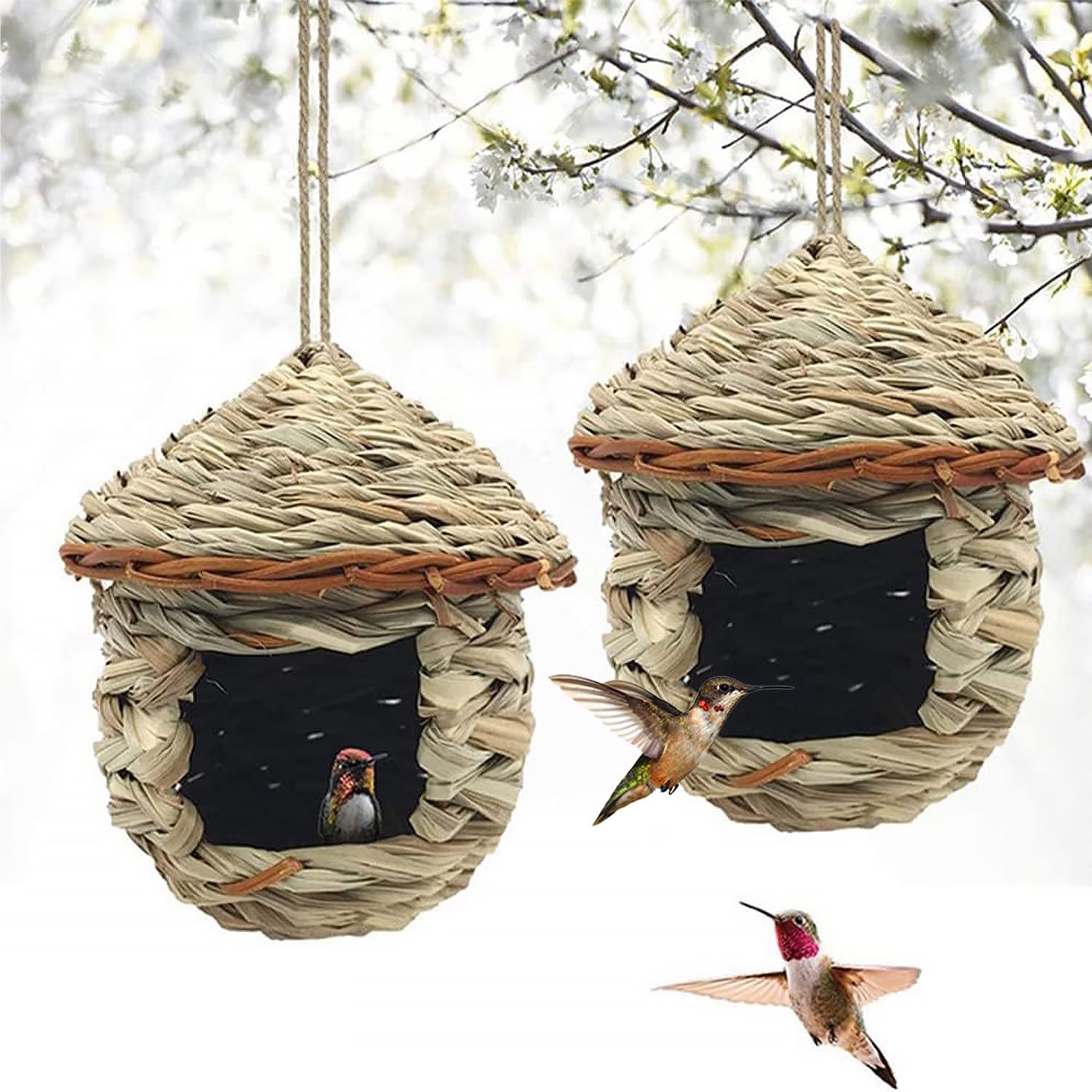 Nichoir Oiseaux Tissé à la Main, 2 Pièces Nichoirs pour Oiseaux Tissés à la Main, Nid D'Oiseau Fait À La Main, Nid Oiseau Fait à La Main pour Mésanges Charbonnières, Rouges-Gorges (Des billes, B)