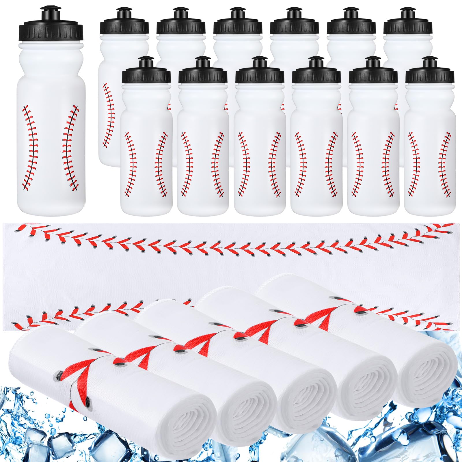 HunnmingRe 24 Pcs Sport Party Favors Include 12 Pcs 20 oz Plastic Soccer Football Basketball Water Bottles Bulk 12 Pcs 40"x12" Softball Baseball