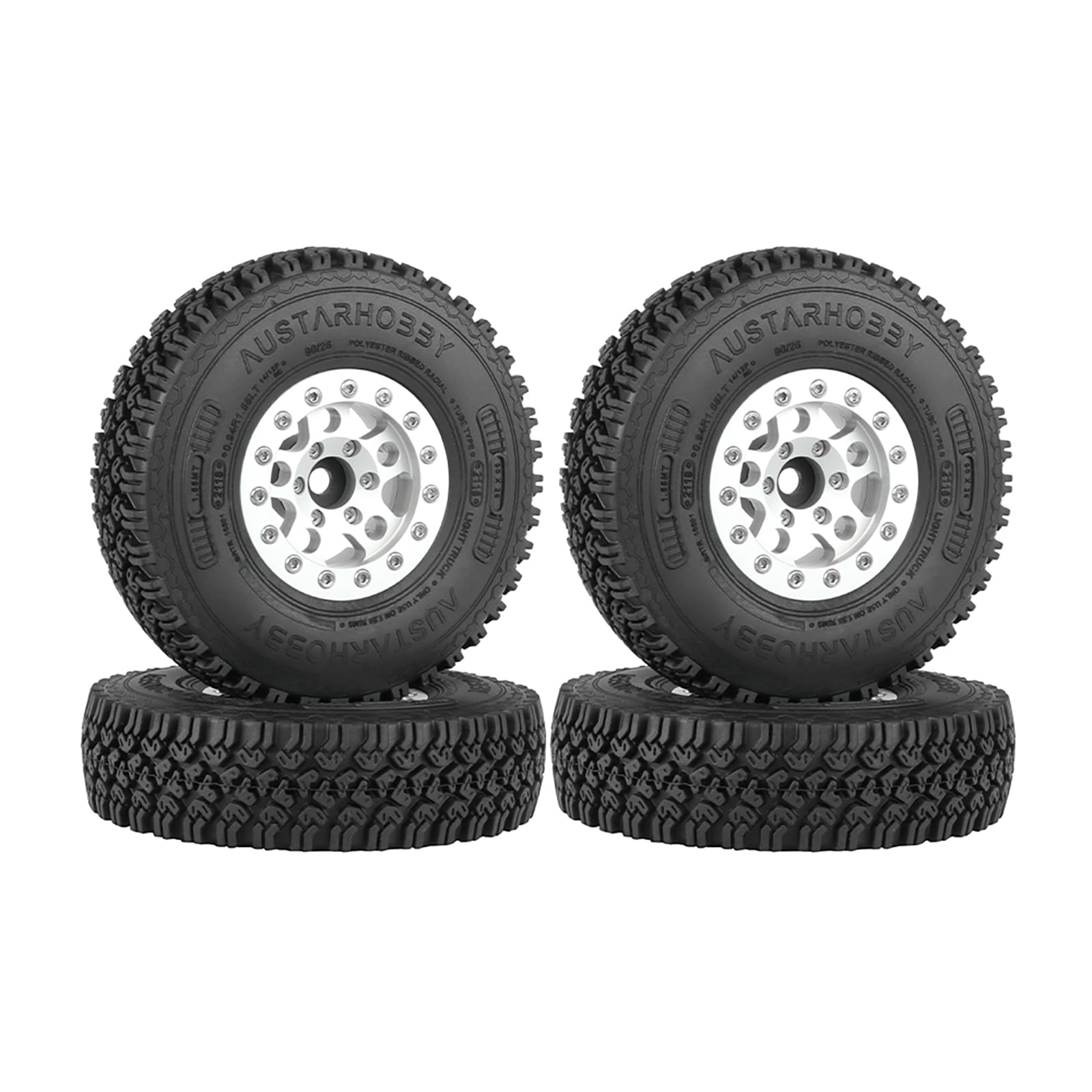 KINGCOO 4PCS 1.55Inch Aluminum Alloy Metal 5Spoke Beadlock Wheel Rims and Rubber Tires Set for 1/10 RC Rock Crawler Car for Axial AX90069 UTB18 D90 TF2 Tamiya Upgrade Parts (Silver, 90MM)