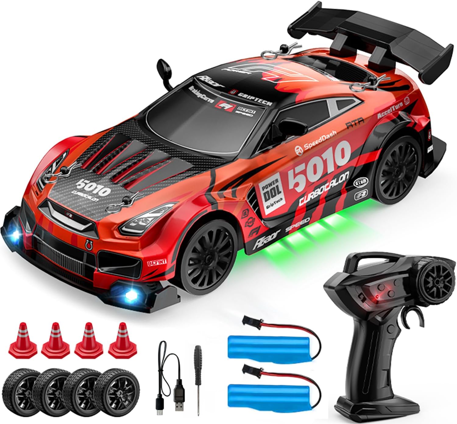 1:24 Scale RC Drift Car 4WD 2.4GHz High Speed Racing Sport Toy Car with LED Lights, Racing and Drift Wheels (E83-Red)