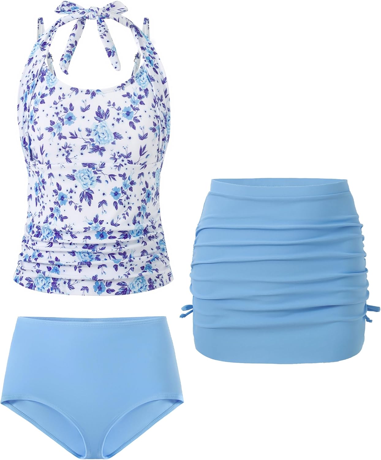 Teen Girls Swimsuit, Halterneck Tankini Drawstring Printed Tween Girls' Swimwear Beach Girl Bathing Suit for 7-16T