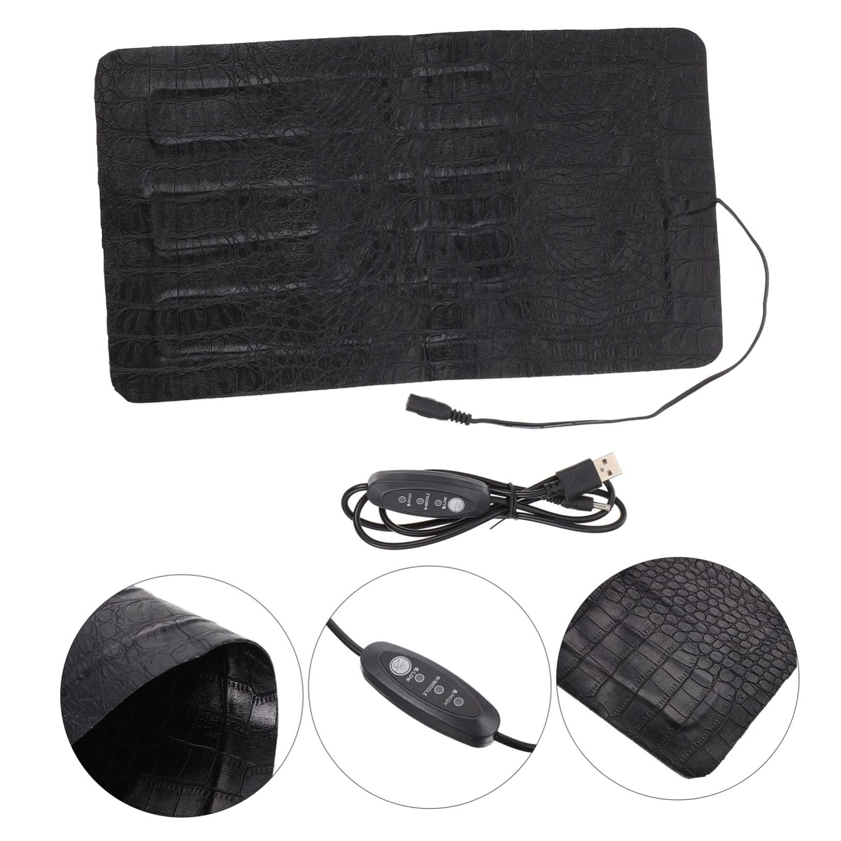Tappetino Riscaldante in Pelle Sintetica Nera per Rettili Regolazione USB a 3 Livelli Elettrico, Portatile, per Piccoli Animali e Ambienti Esterni