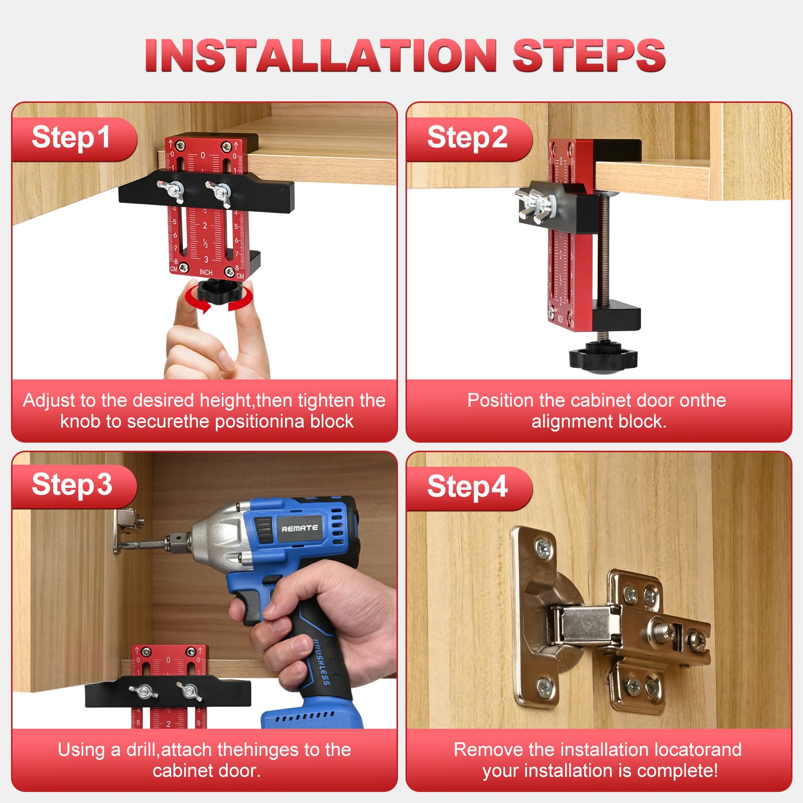 Raxfekro Dispositif De Montage Rapide Pour Portes D'armoire - Guide De Perçage Intégré Avec Positionneur Réglable