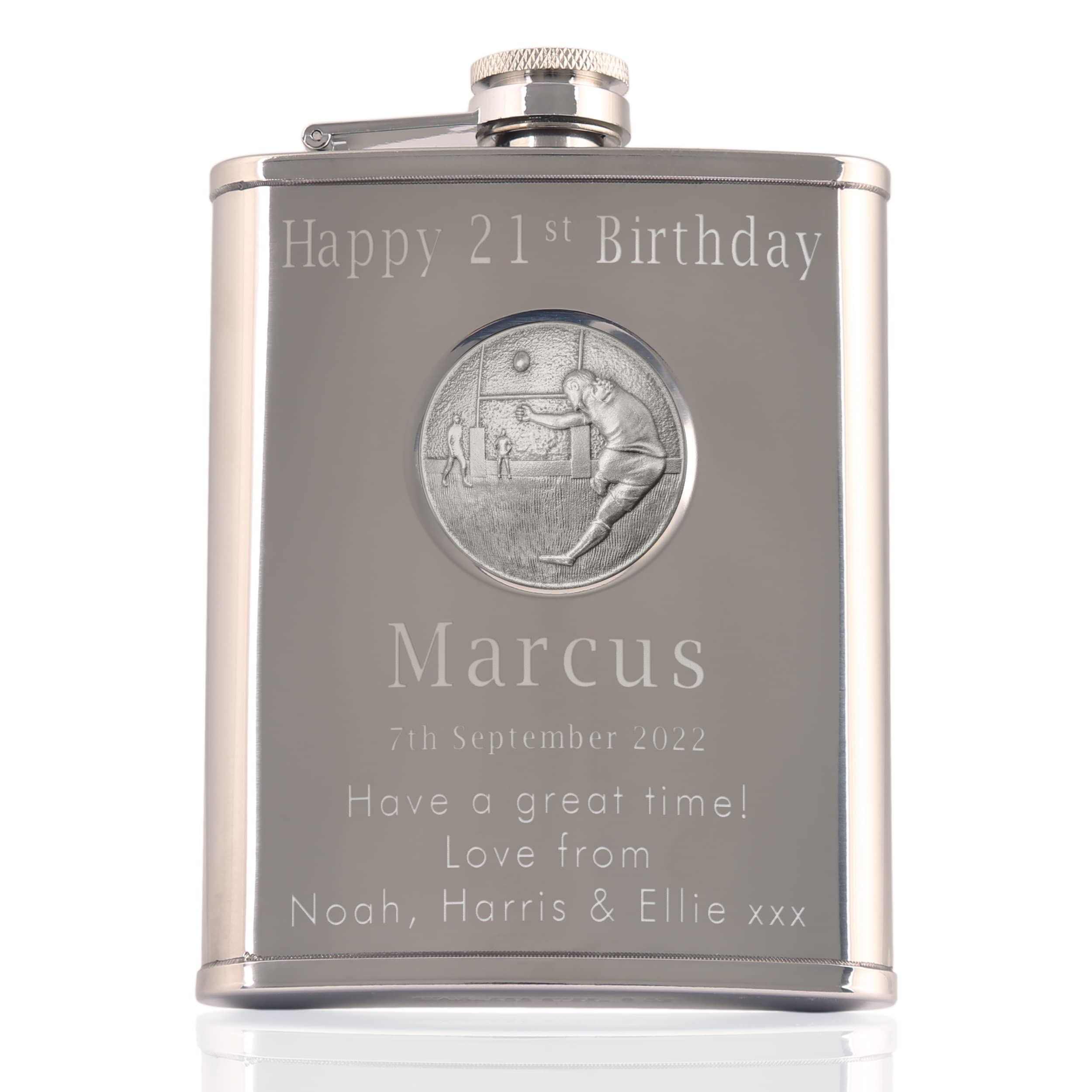 The Great Gifts Company Men's Silver 21St Birthday Stainless Steel Engraved Hip Flask With Solid Pewter Rugby Player Feature