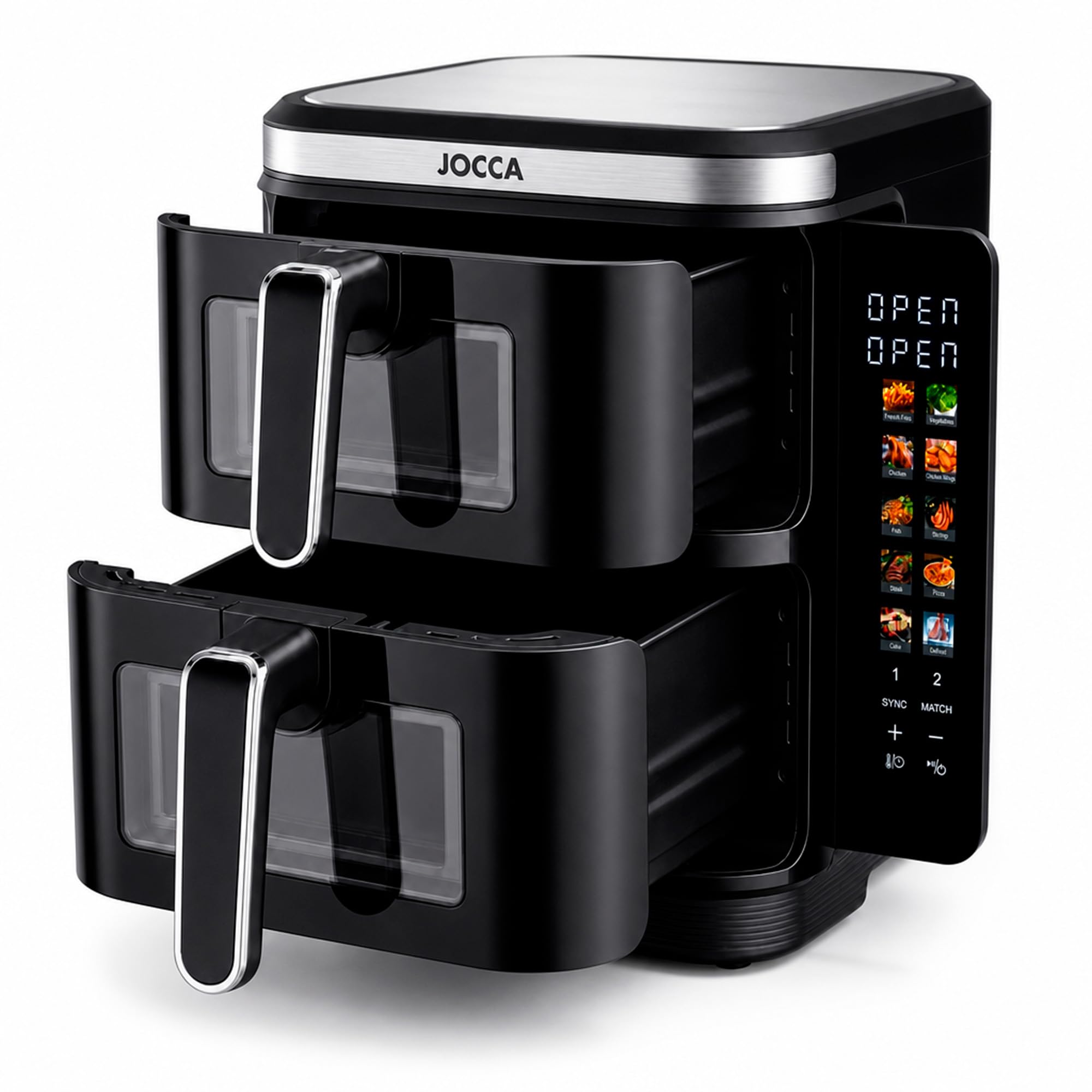 JOCCA - Podwójna cyfrowa frytkownica powietrzna 11L (5,5 l + 5,5 l) | Airfryer pionowy z 2 komorami z okienkami, 10 funkcji, kolorowy ekran dotykowy LED, 60-200 °C, nieprzywierająca i łatwa do